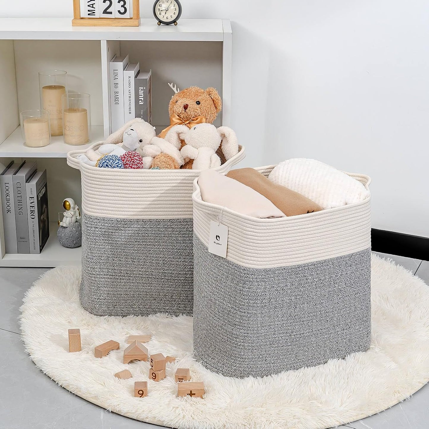 Storage Baskets for Clothes Fabric Cotton Rope Storage Basket with Handles, Decorative Woven Basket for Living Room,Closet Organizer Blankets, and 2bags (Silver Gray, L14×W11×H14)