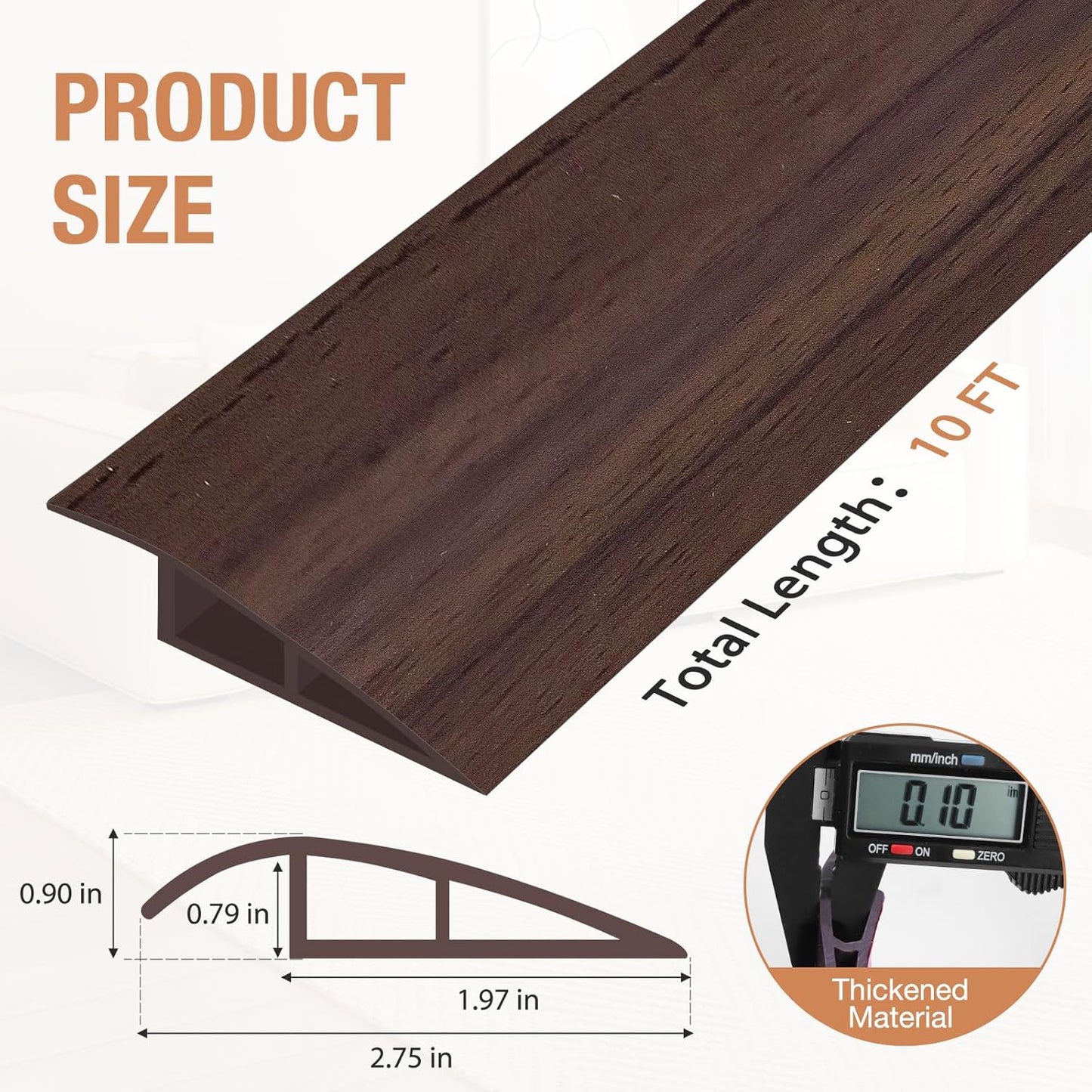 Floor Transition Strip Self Adhesive Vinyl Door Threshold for Doorways Carpet Edging Trim Overlap Edge Reducer for Laminate Floor, Carpet, Tile (Deep Brown Wood Grain, 3/5" to 4/5", 10Ft)
