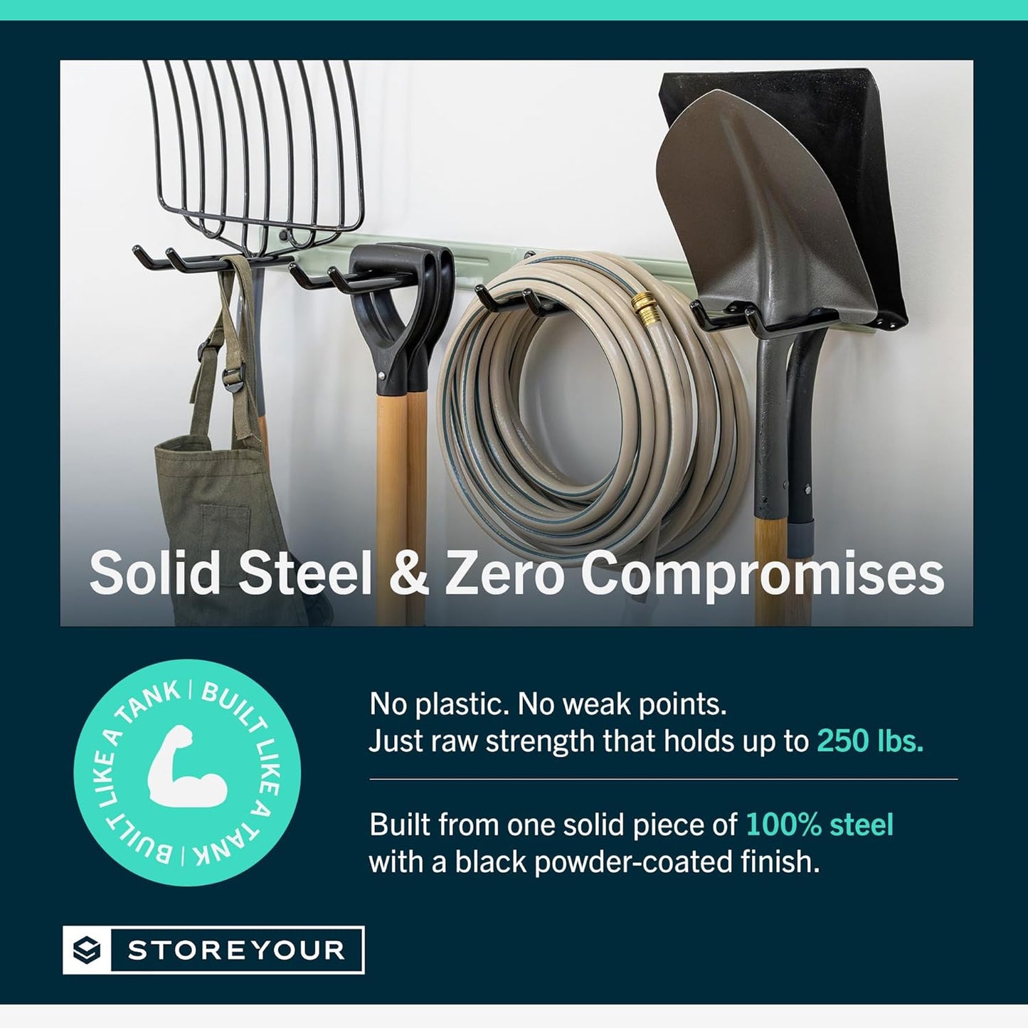 StoreYourBoard Wall-Mounted Rack With 4 Garage Hooks – Heavy-Duty Steel Holder Garage & Garden Storage for Shed, Workshop, or Home Organization – For Rakes, Shovels, Tools & More – 1 Pack, Deep Water