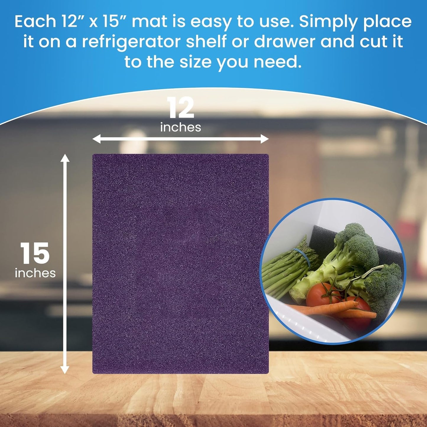 Bluapple FreshMats, Refrigerator Bin Liner, Fridge Drawer Mats, Crisper Life Extender Liner Keeps Produce Fresh Longer, Anti-Bruising, for Air Circulation, Washable & Reusable (4-Mats, 12x15, Purple)