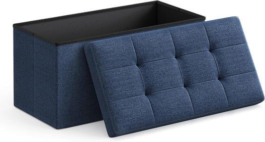 SONGMICS MAZIE Collection - 30 Inches Folding Storage Ottoman Bench, Ottoman Foot Rest, End of Bed Bench, Storage Chest, Load 660 lb, for Living Room, Bedroom, Entryway, Midnight Blue ULSF47IN