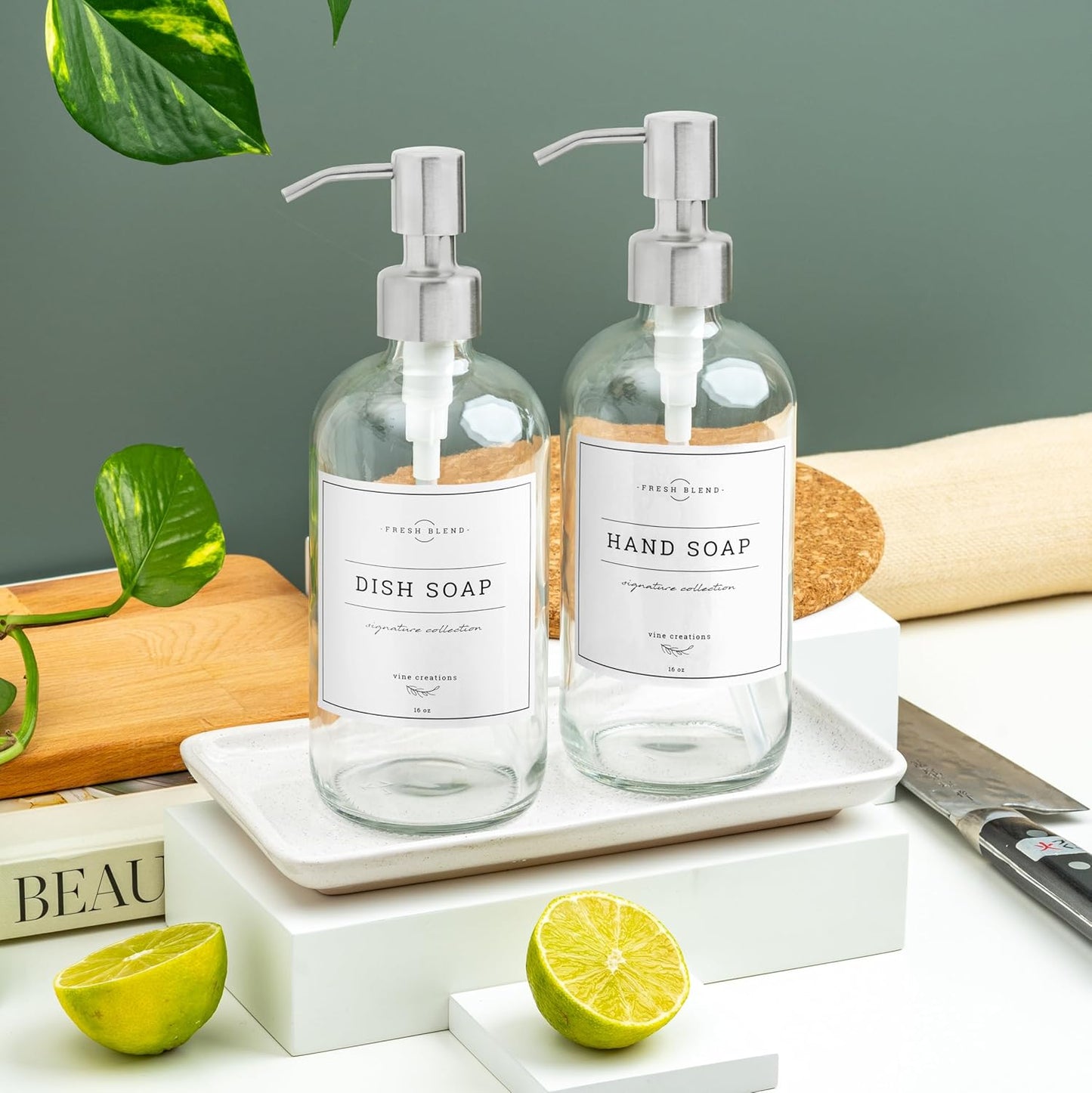 Vine Creations Glass Soap Dispenser, 2 Pack Kitchen Soap Dispenser Set with Ceramic Tray, Stainless Steel Pump, Dish Soap Dispenser for Kitchen, Hand Soap Dispenser Bathroom with Waterproof Labels