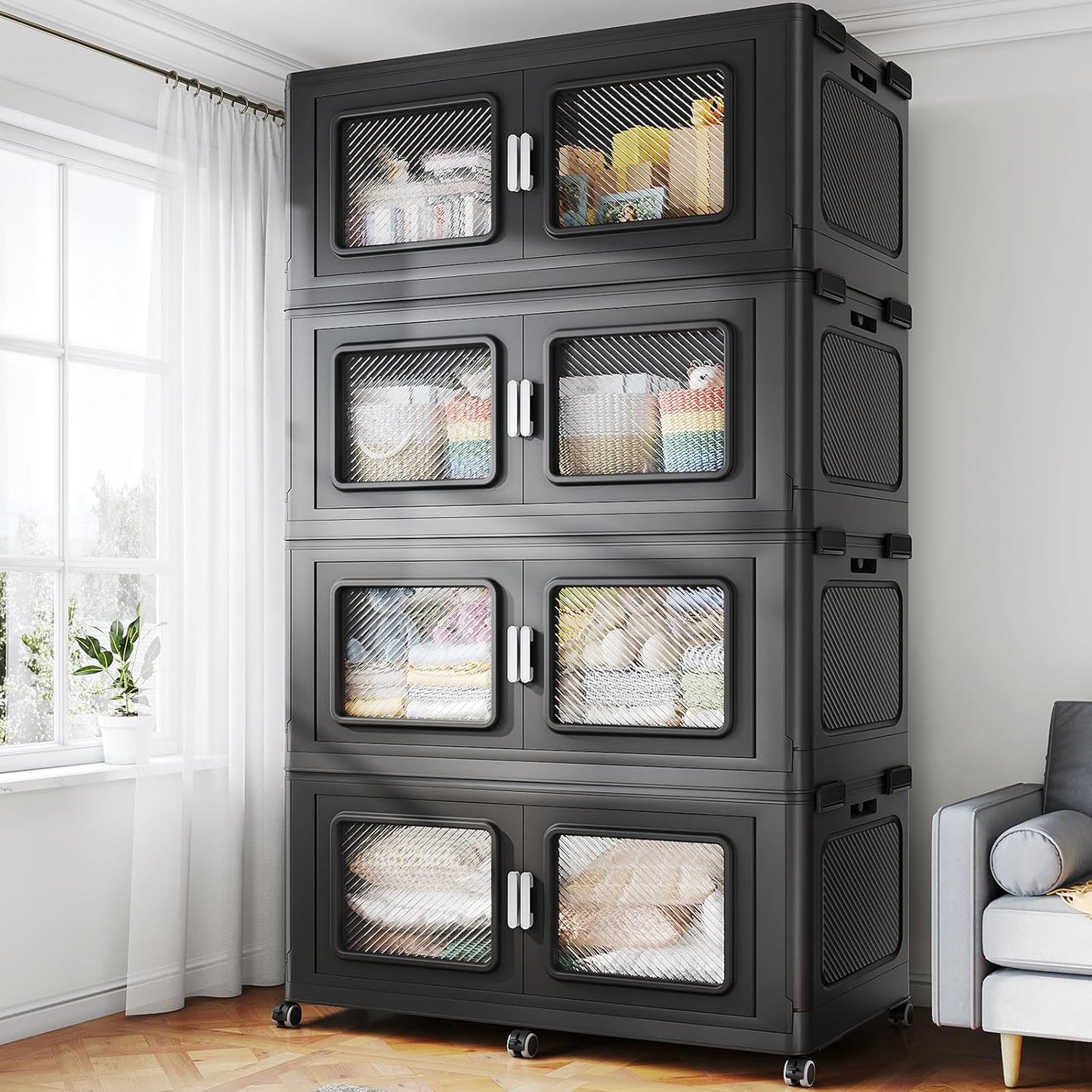 BROVIEW 1200 Qt Stackable Storage Bin with Lid, 300Gal Extra Large Collapsible Storage Boxes, Folding Plastic Drawer, Heavy-Duty Store Cabinet, Closet Organizer for Home Kitchen, 4 Pack Black