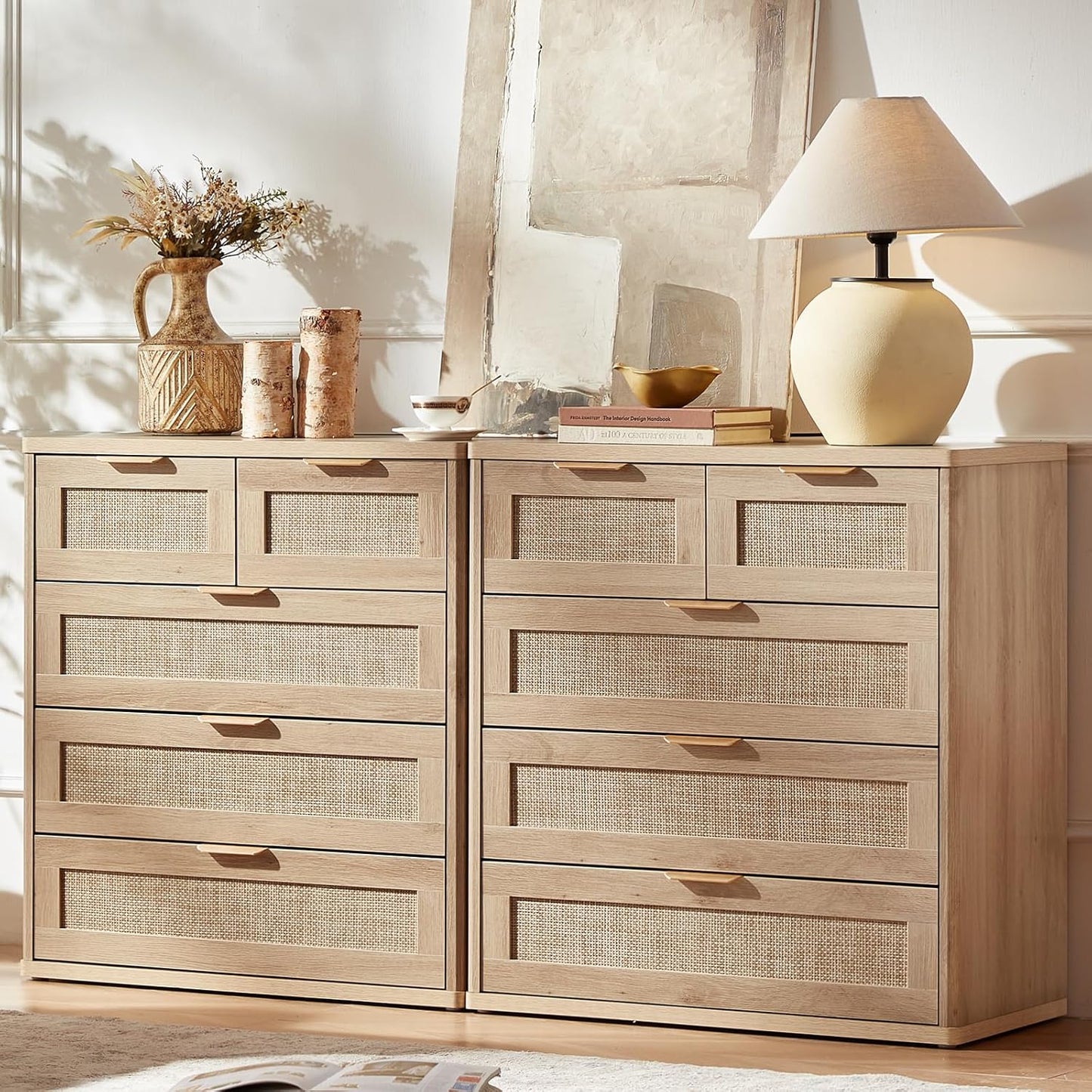 LEYAOYAO Rattan Dresser for Bedroom Set of 2, 33.5" Tall Chest of Drawers, Modern 5 Drawers Boho Dressers with Storage, Light Oak Dresser Wooden Closet Organizer for Living Room, Hallway, Natural Wood