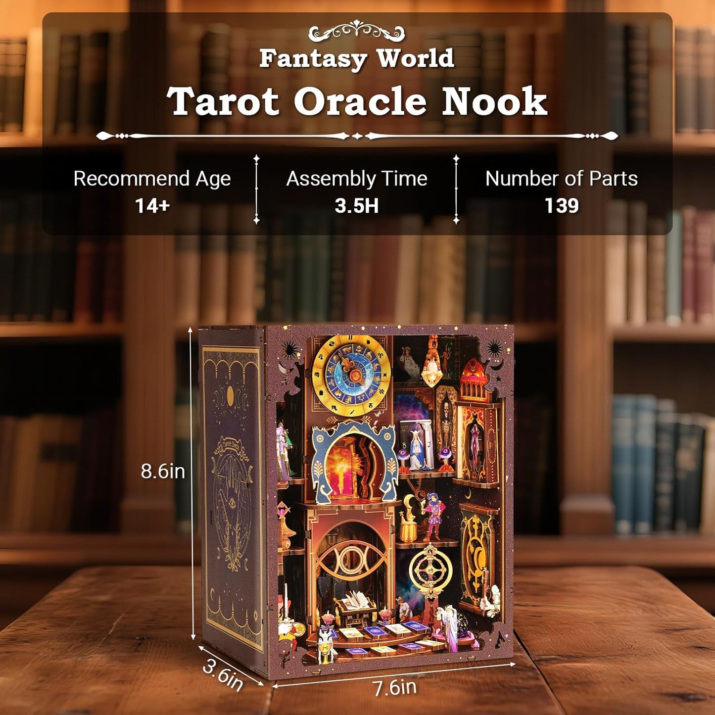 Book Nook Kit - DIY Miniature Dollhouse with LED Lights for Adults & Teens, Fantasy Tarot-Themed 3D Wooden Bookshelf Decor, for Craft Lovers