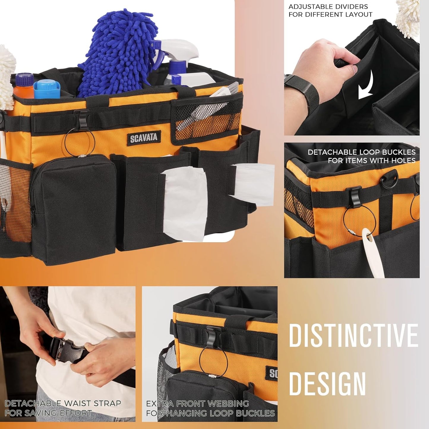 Wearable Cleaning Caddy Bag, Cleaning Caddy Supplies Organizer with Handle & Shoulder Straps for Housekeepers, Under Sink & Car Cleaning Tool Organizers with 4 Foldable Divider (Orange)