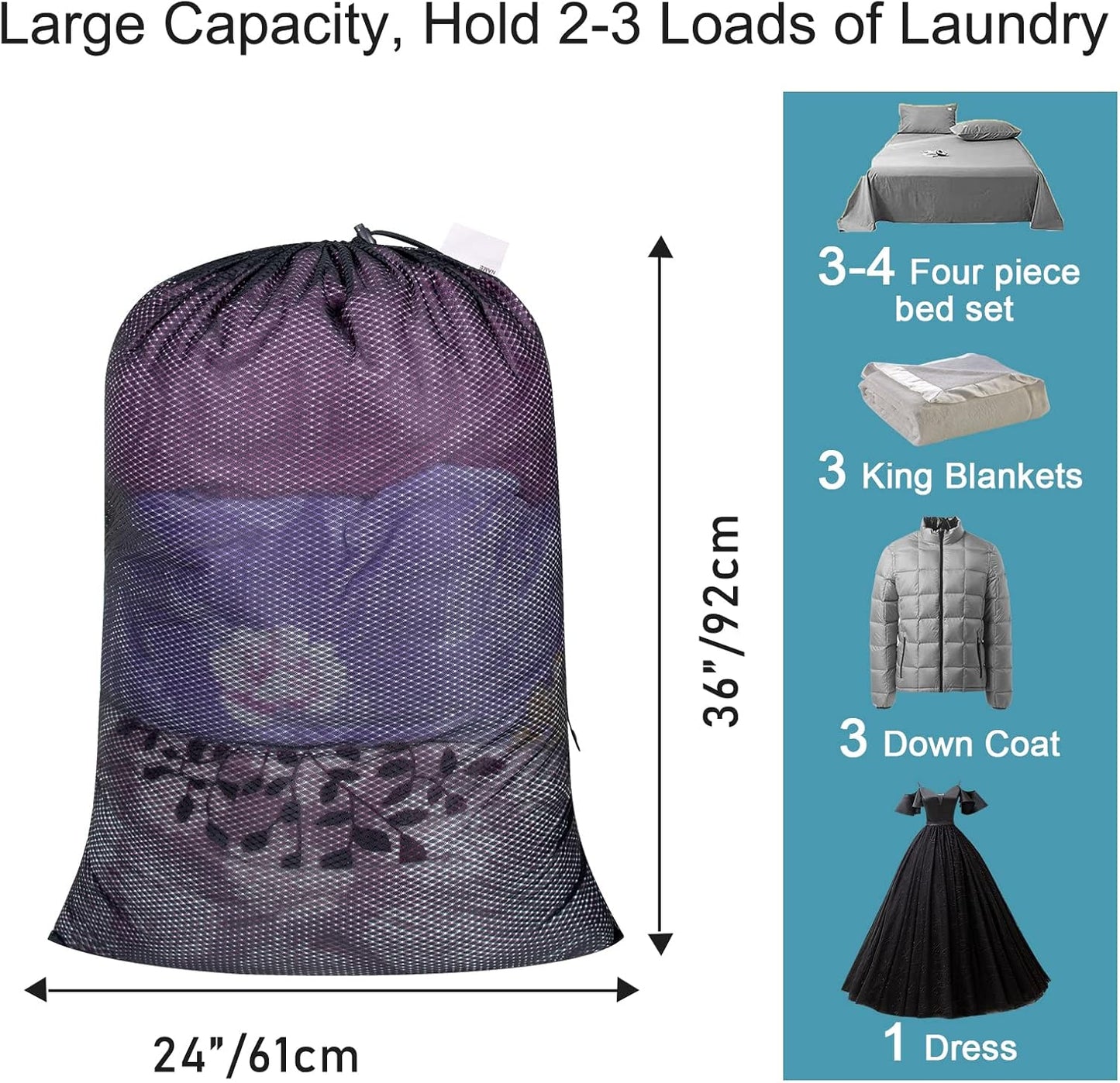Polecasa Heavy Duty Large Mesh Laundry Bags with ID Tag and Locking Drawstring Closure - 2 Pack, 24 x 36 inches - Laundry Hamper Liner, Washable Laundry Bag for Travel, Sports, Dorms (Black)
