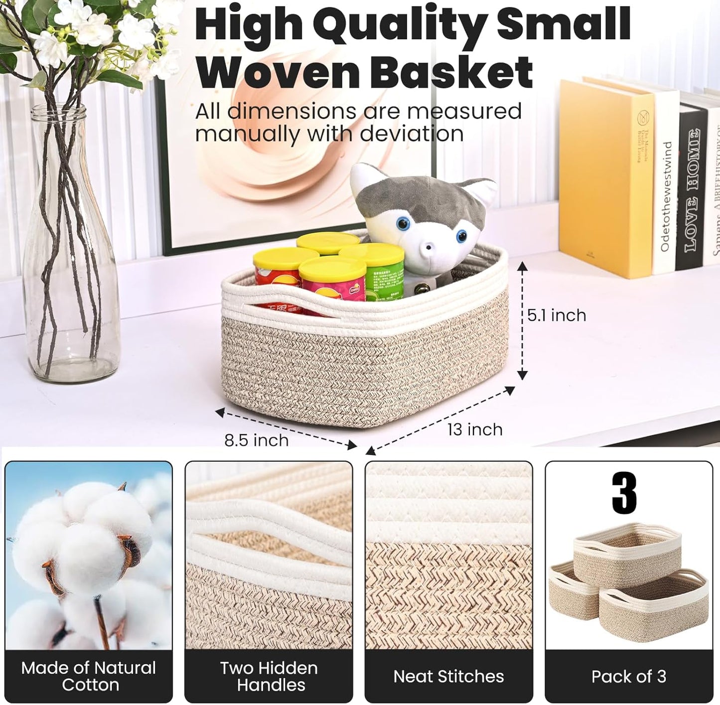 Small Baskets for Organizing, Decorative Storage Baskets for Shelves, Storage Bins, Woven Baskets for Storage, Mini Basket for Nursery, 13"×8.5"×5.1" (3 Packs) Off White & Brown