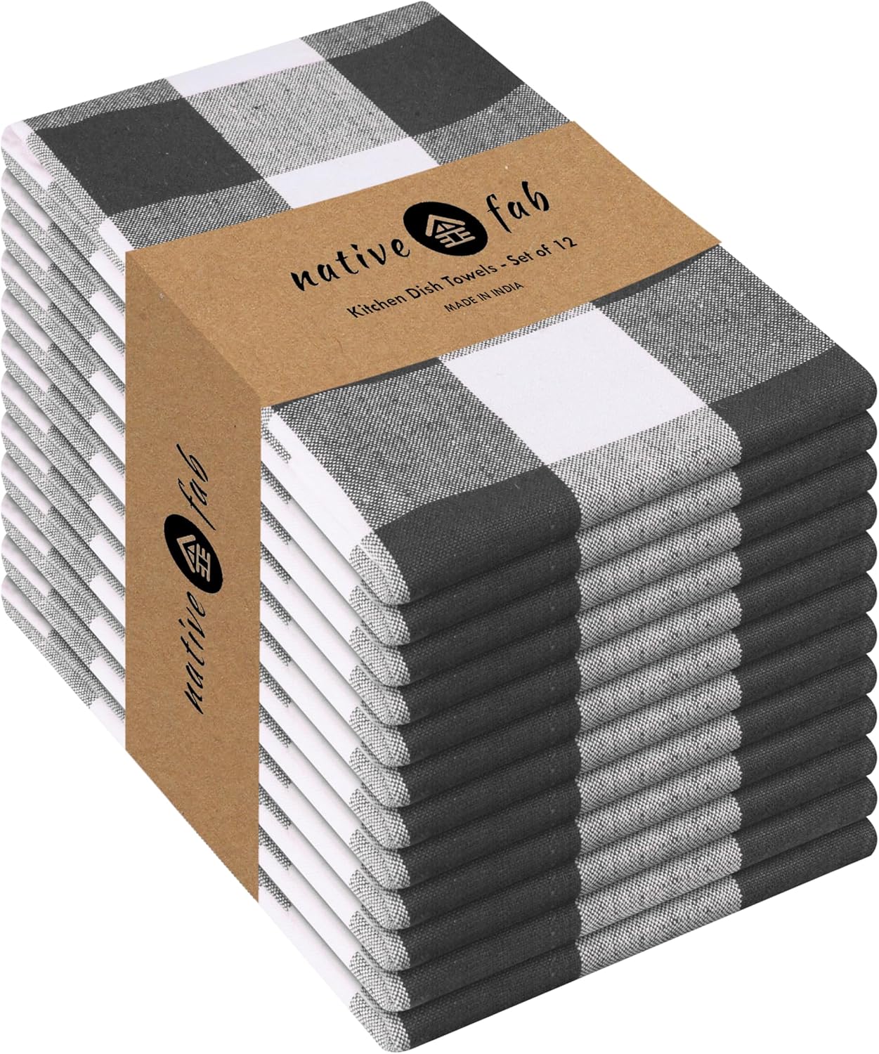 Native Fab 12-Pack Kitchen Towel with Hanging Loop 16x26 inches, Cotton Buffalo Check Kitchen Towels for Cleaning Drying, Washcloths Soft & Absorbent Cloth Rags, Bar Towel, Dish Cloth, Grey