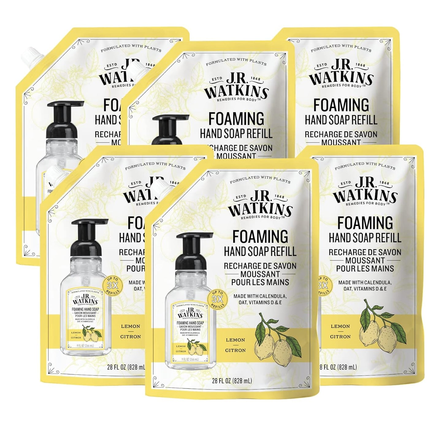 J.R. Watkins Foaming Hand Soap Refills, , Alcohol-Free Hand Wash, Cruelty-Free, , Moisturizing Hand Soap Refill for Bathroom or Kitchen, Lemon 28 fl oz Foam Soap Refill, 6 Pack