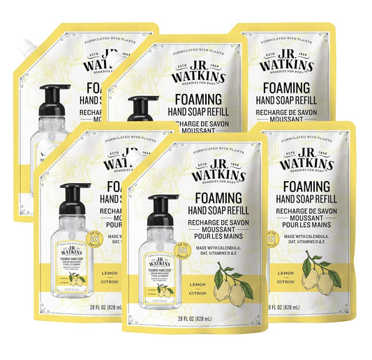 J.R. Watkins Foaming Hand Soap Refills, , Alcohol-Free Hand Wash, Cruelty-Free, , Moisturizing Hand Soap Refill for Bathroom or Kitchen, Lemon 28 fl oz Foam Soap Refill, 6 Pack