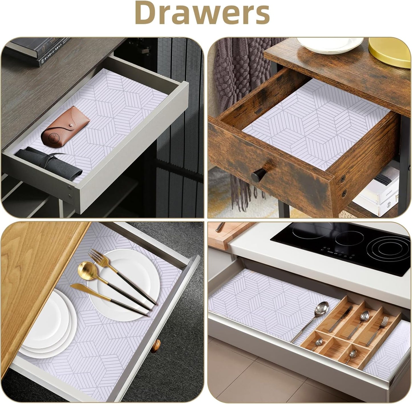 Shelf Liners for Kitchen Cabinets Non Adhesive Shelf Liner Paper Non-Slip Thickened Drawer Liner Easy to Clean for Tool Box Refrigerator with Knife and Tape Measure, Silver Geometric, 23.6 x 236.2 in