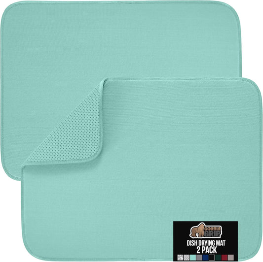 GORILLA GRIP Ultra Water Absorbent Microfiber Dish Drying Mat, 18x24, Quick Dry Thick Mesh, Slip Resistant Pad for Sink Dishes or Under Rack, Kitchen Counter Accessories, Machine Wash, 2 Pack Mint