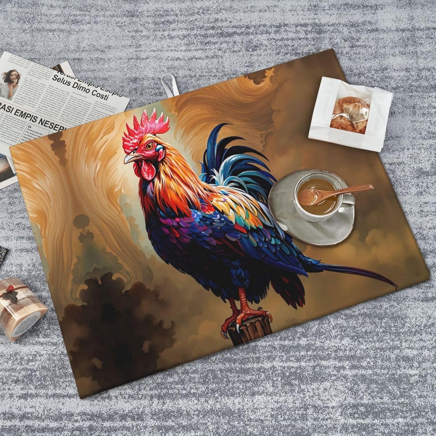 Rooster Dish Drying Mat Highly Absorbent Double-Sided Microfiber with Hanging Loop Reversible Drain Dish Rack Mat Drain Mat Suitable for Kitchen Countertop Coffee Bar 18 x 24 Inch