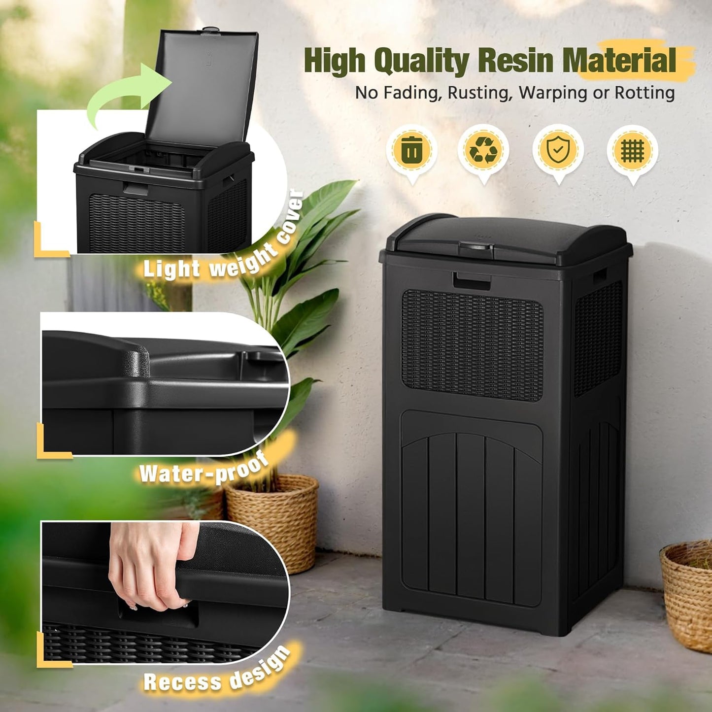 Devoko 33 Gallon Outdoor Trash Can with Dual Lid, Heavy Duty Waterproof Resin Garbage Bins Outside, Hideaway Waste Bins for Patio, Outside Pool, Backyard and Deck (2, Black)