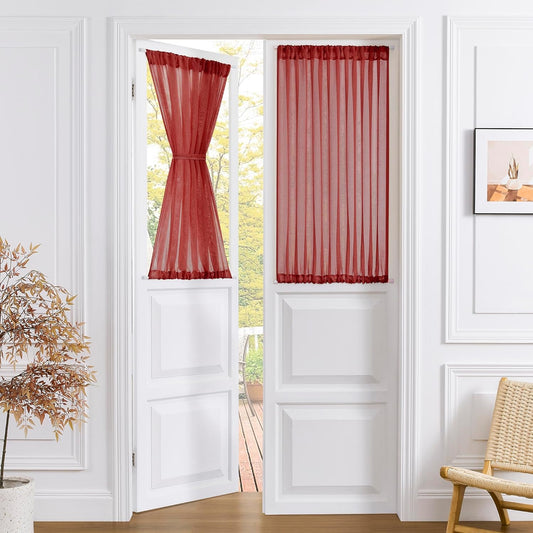 Tollpiz Sheer Door Curtains Closet Linen Textured Curtain Sheers Doorway Light Filtering Voile French Door Rod Pocket Curtains Patio Glass Door, 54 x 63 inches Long, Burgundy Red, Set of 1 Panel