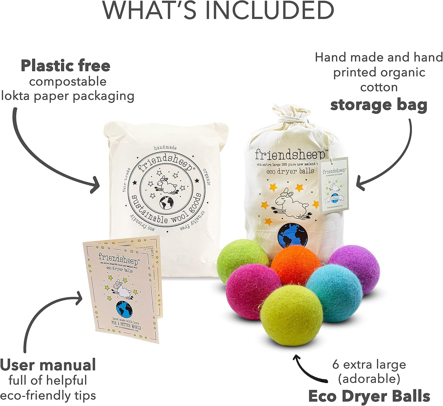 Friendsheep Wool Dryer Balls, Organic Reusable Fabric Softener Alternative for Laundry, Handmade, Fair Trade, Hypoallergenic, Eco-Friendly, Plastic-Free (6 Pack XL - Rainbow Blast)