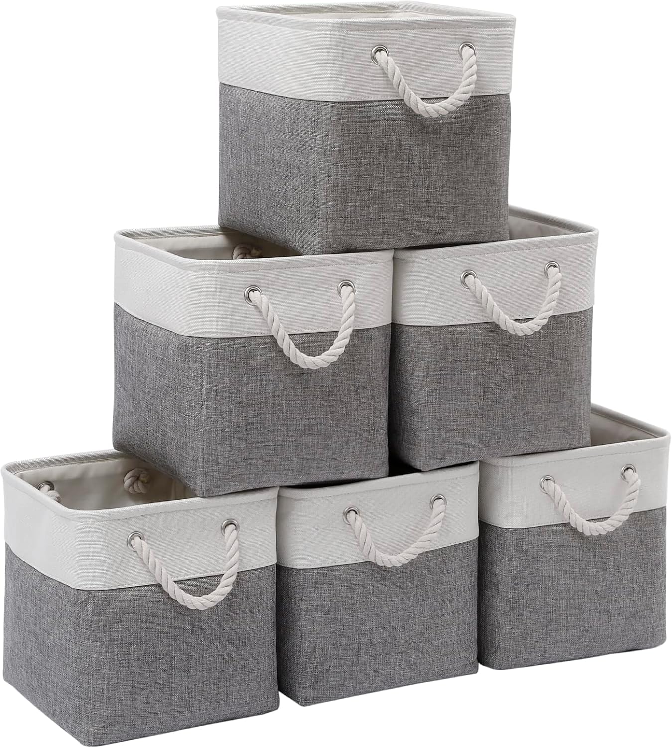Cube Storage Bins, Collapsible Fabric Cube Storage Bin, 11 Inch Cube Storage Bins with Handles, Foldable Storage Cubes (White/Gray, 6Pack)