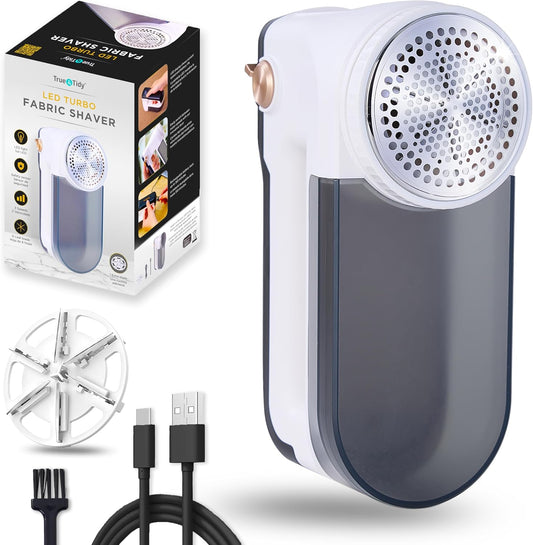 True & Tidy XL Rechargeable Fabric Shaver with Light, 6-Leaf Steel Blades, 3-Speed Motor, LED Digital Display, Lint Remover for Clothes, Furniture & Upholstery (White, Turbo)