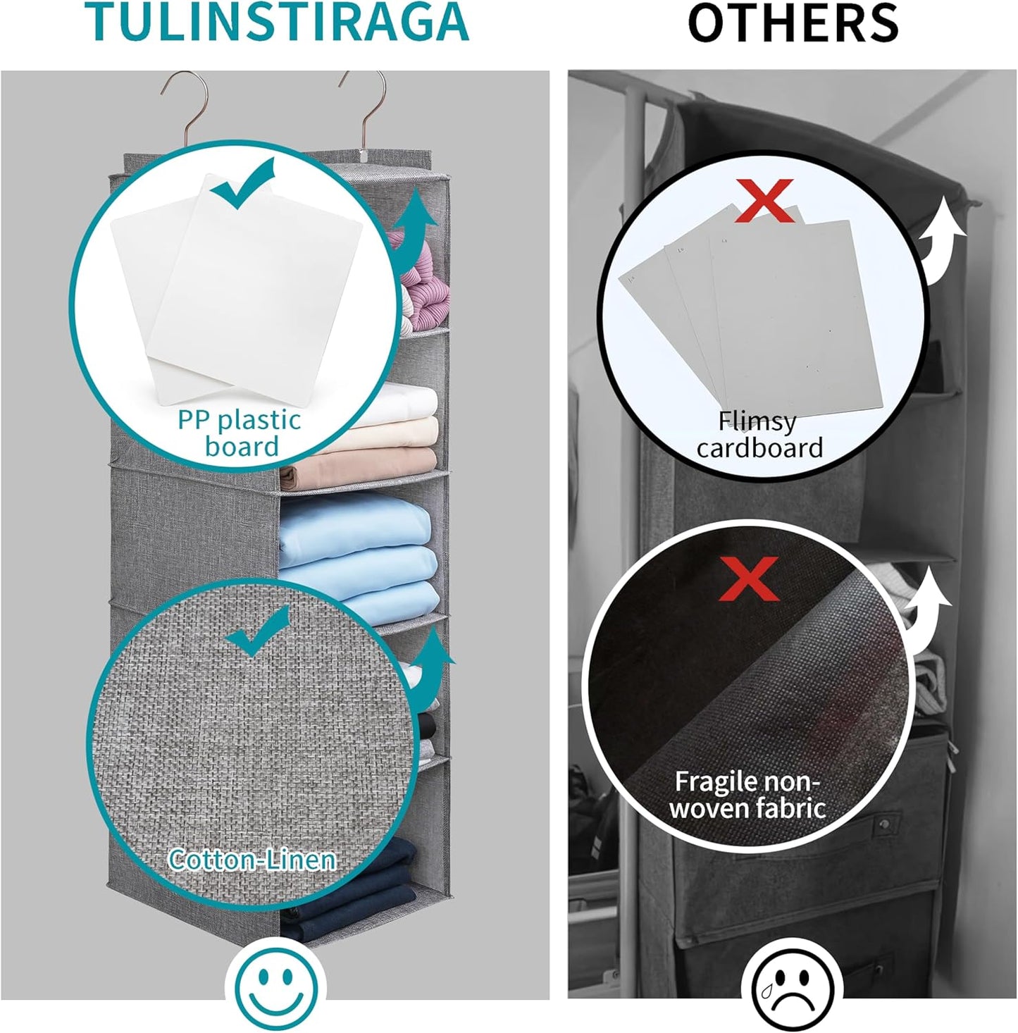 Large Hanging Sweater Organizer for Closet,Collapsible 6-Shelf Hanging Closet Shelves with Drawers, Washable (Beige -5 Shelf-1 d)