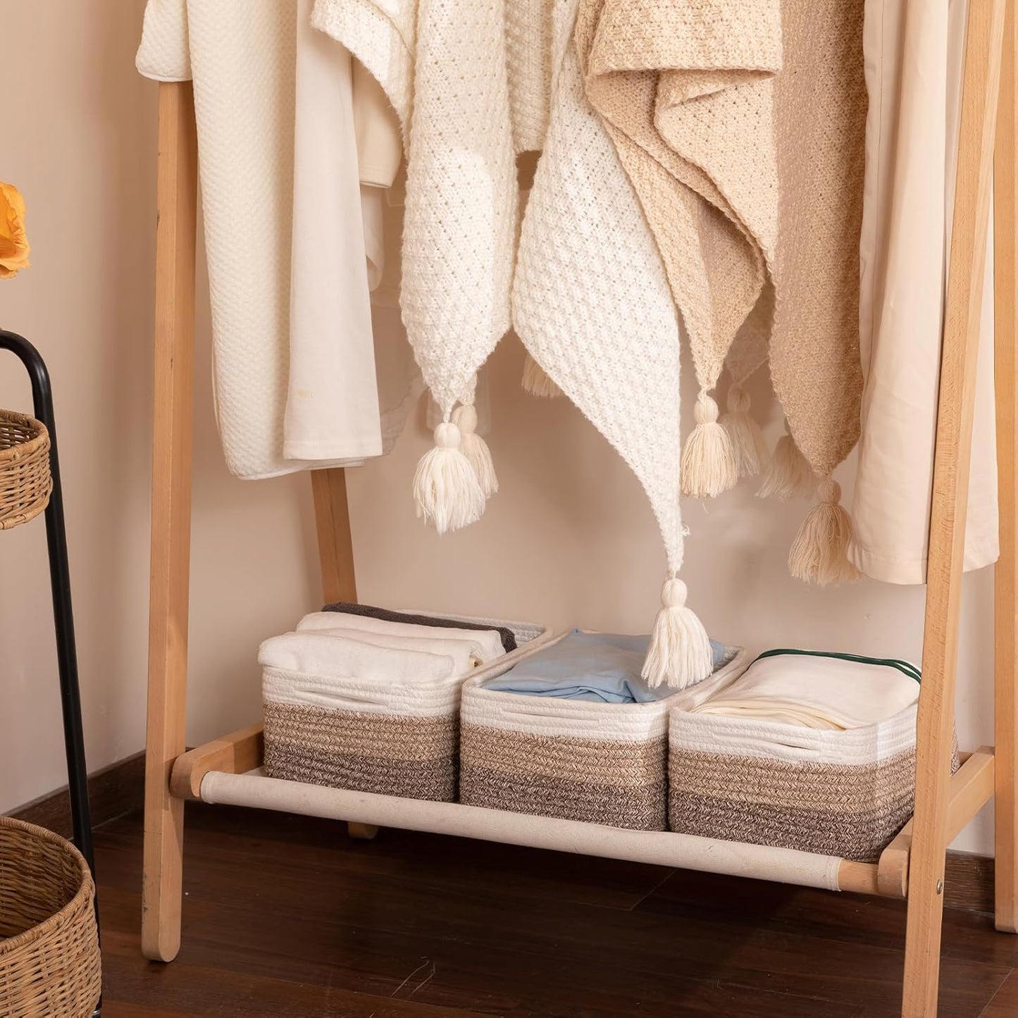 3 Pack Small Storage Baskets for Organizing, Cute Woven Decorative Gift Baskets for Shelves, Mini Closet Organizer Bins with Handles-13''Lx8.66''Wx5.11''H-Brown White