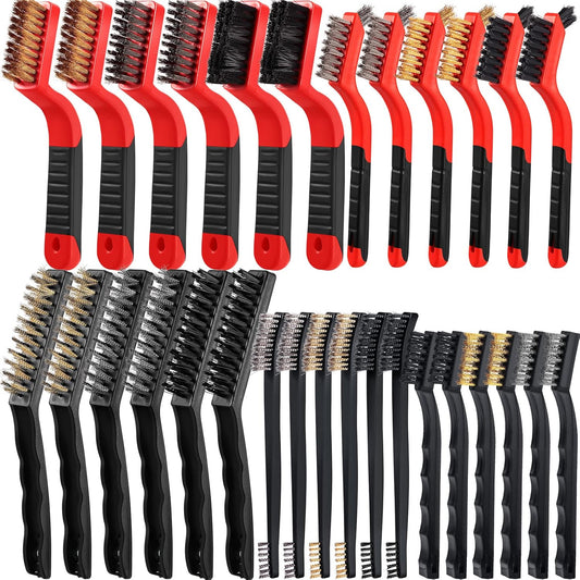 Sumind 60 Pcs Wire Cleaning Brush Set Nylon/ Stainless Steel/ Brass Metal Brush with Curved Handle Grip Paint Remover for Cleaning, Rust, Drill, Scrub, Grout Cleaner Tool (Red and Black)
