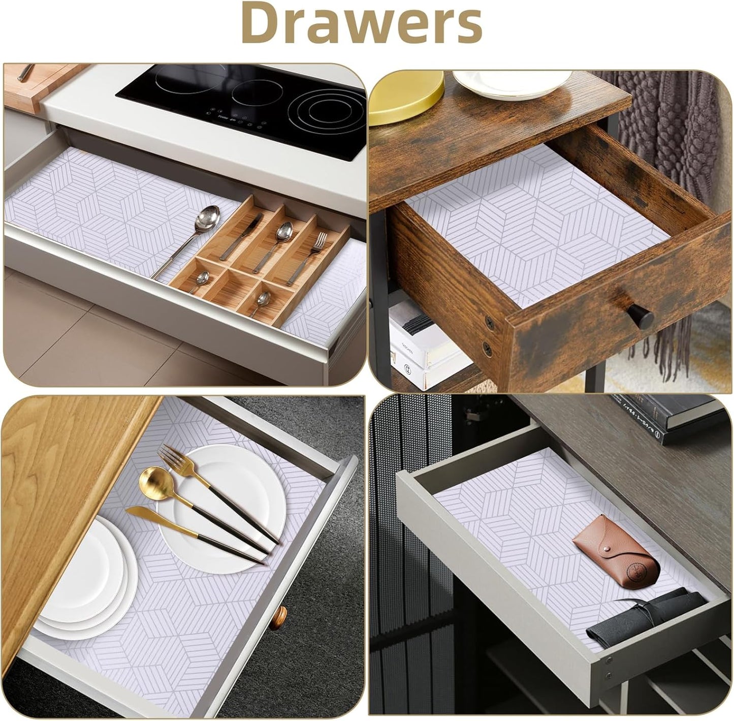 Shelf Liners for Kitchen Cabinets Non Adhesive Shelf Liner Paper Non-Slip Thickened Drawer Liner Easy to Clean for Tool Box Refrigerator with Knife and Tape Measure, Silver Geometric, 11.8 x 118 in