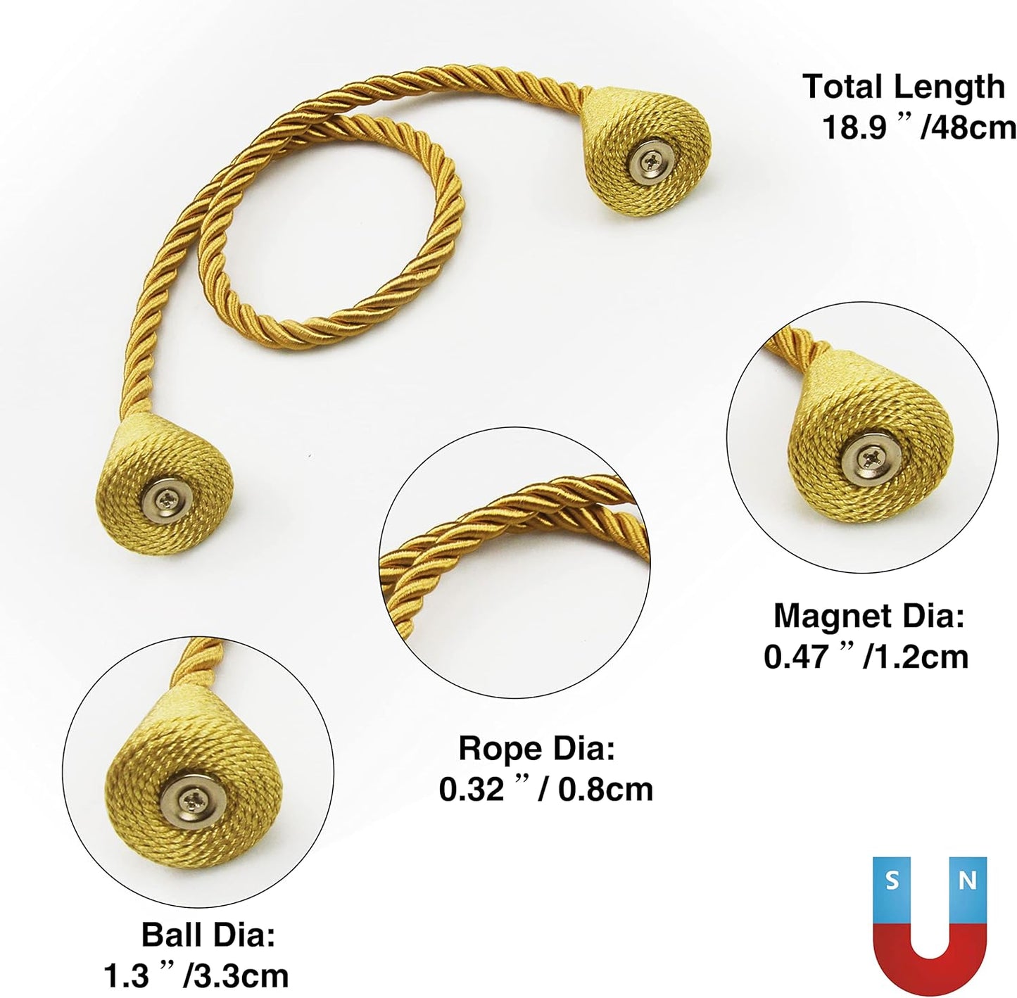 6 Pack Magnetic Curtain Tiebacks Rope Modern Handmade Curtain Tie Backs Decorative Drapes Weave Holdbacks for Window Décor, Gold