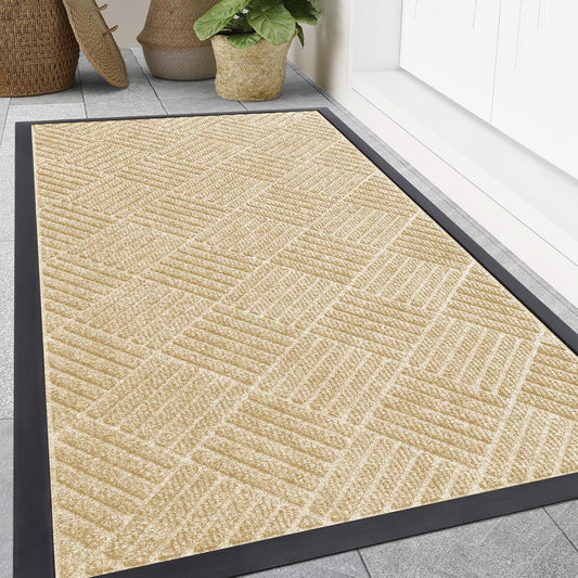Smiry Front Door Mat Outside Entrance, Heavy Duty Outdoor Indoor Natural Rubber Doormat, Non Slip, Trap Dirt and Moisture, Easy Clean, Low Profile Patio Porch Entryway Mat, 59x35, Beige