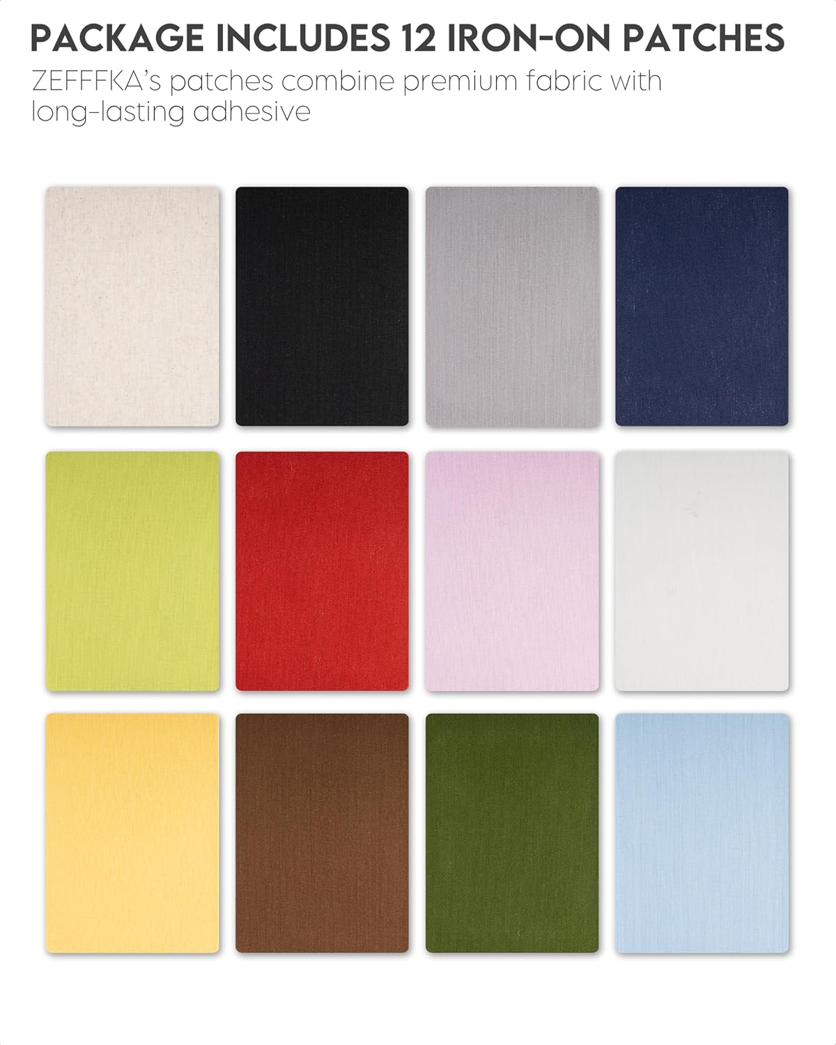ZEFFFKA 12-Pack Linen Iron-on Patches Fabric Repair Kit for Clothing Shirts Pants Dresses Natural Look Strong Adhesive 12 Colors 30% Linen 70% Cotton 5” x 7”