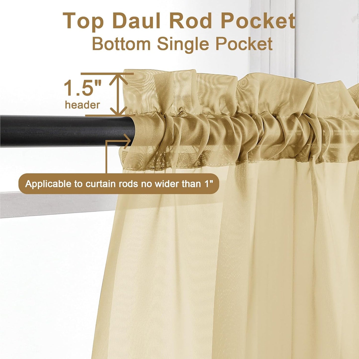 Chyhomenyc Gold Sheer Curtains 63 Inch Length 2 Panels, Rod Pocket Solid Window Sheer Curtain Panels, Elegant Curtains & Drapes for Living Room Bedroom 2 Panels (Gold, 42 W x 63 L)