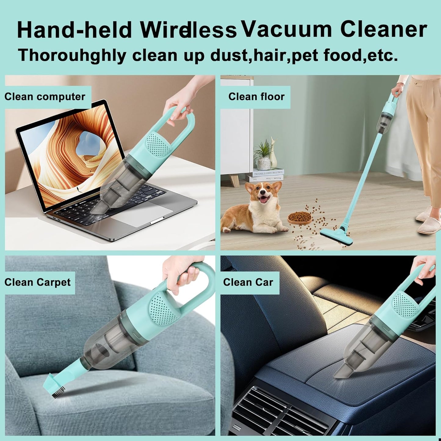 6-in-1 Lightweight Stick Vacuum Cleaner with 100W Powerful Motor, Mini Portable Household Handheld Vacuum Cleaner for Domestic Hard Floors, Carpets and Pet Hair(Green Cordless Plugs)