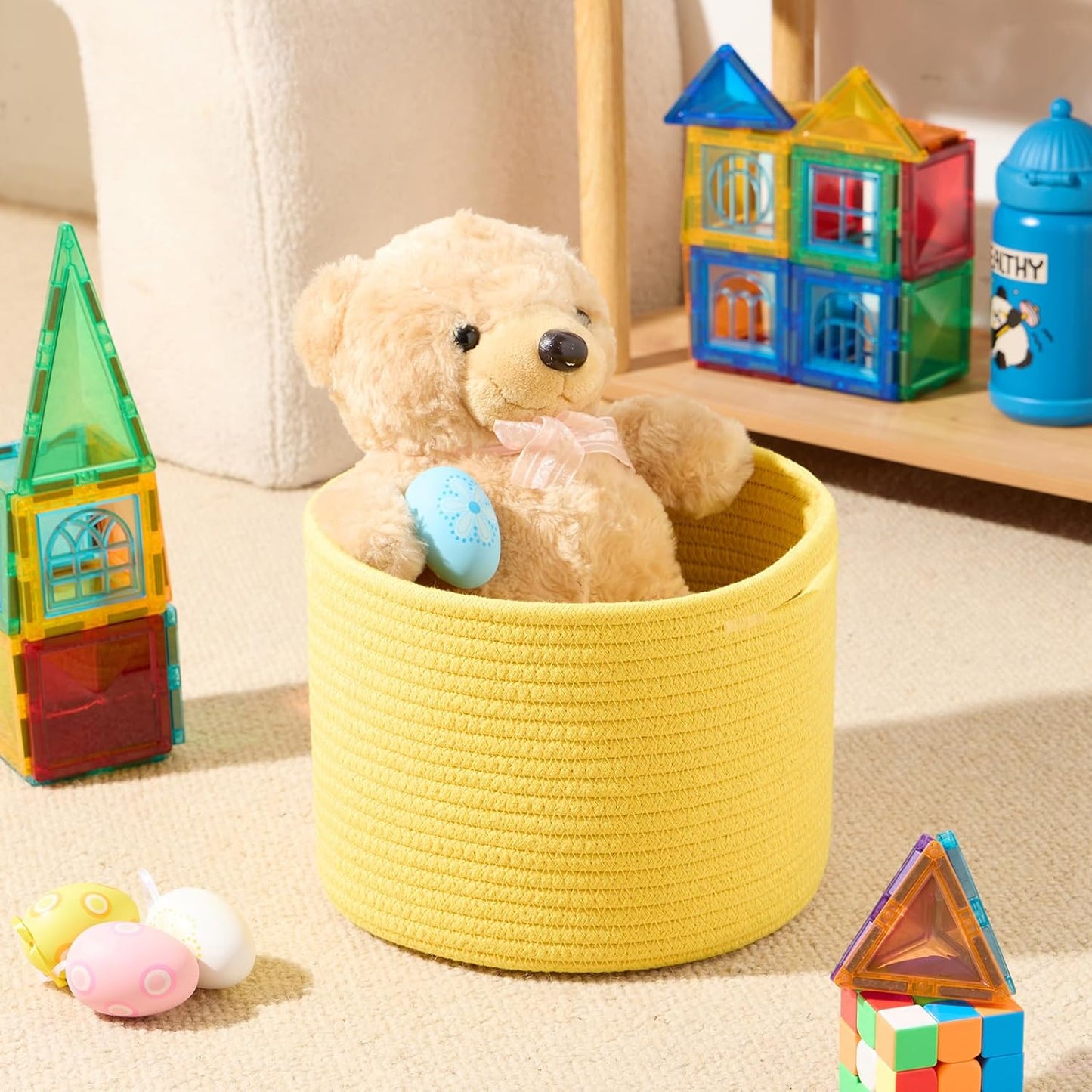 Small Basket for Organizing | Cube Shelf Closet Storage Baskets | 9.7×9.7×7.1” | Woven Rope Gift Basket | Nursery | Round 3 Packs Yellow