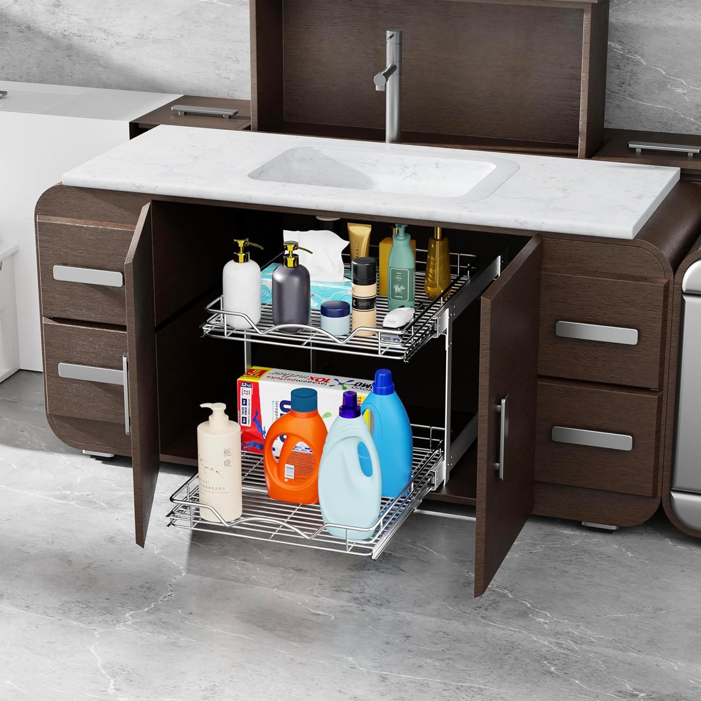 HOLDN’ STORAGE Two Tier Pull Out Cabinet Organizer, Individual Sliding Drawers - Heavy Duty Metal with Lifetime Limited Warranty - Anti Rust Chrome Finish - 22" W x 21”D x 16.5" H