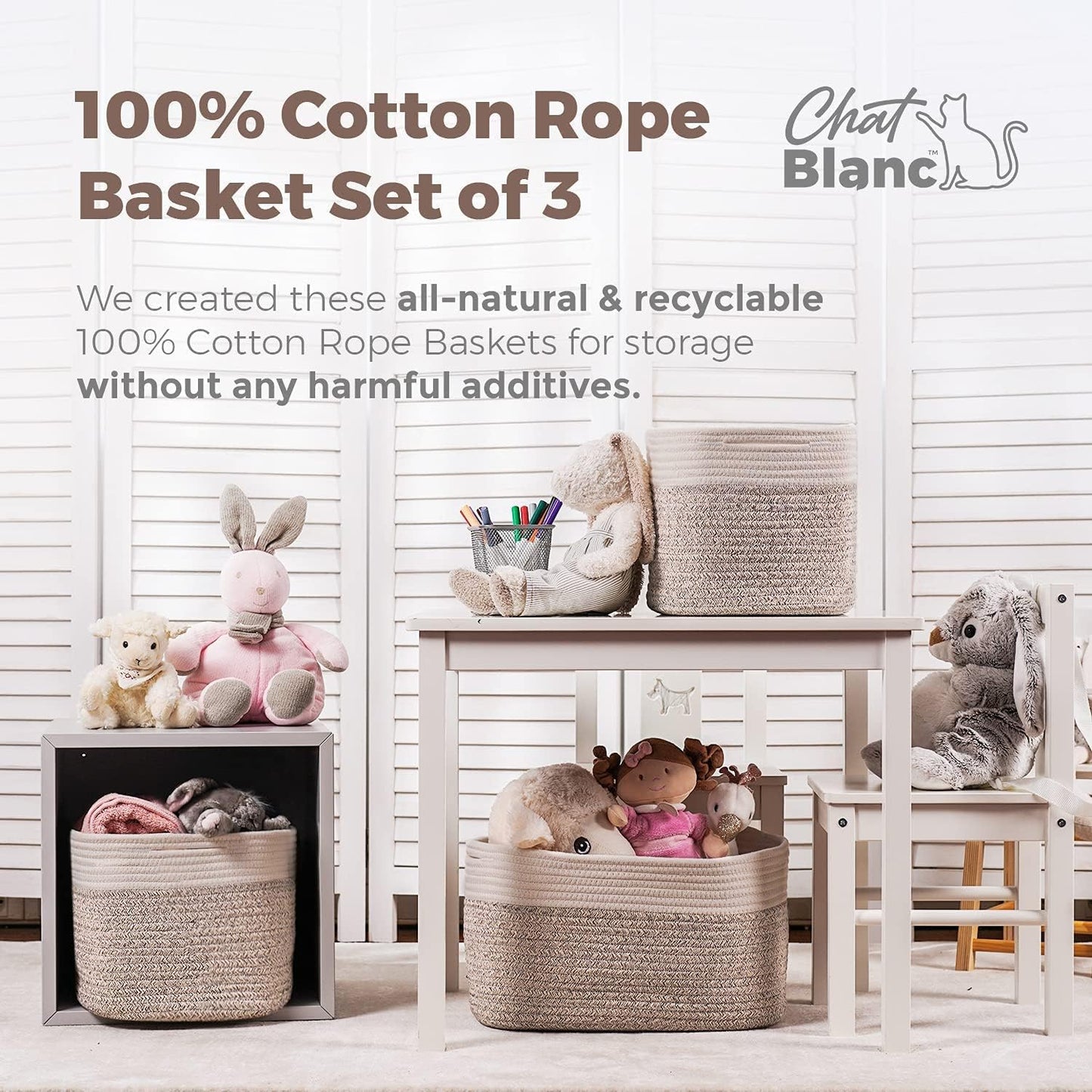 CHAT BLANC Cotton Rope Baskets for Organizing | 15”x10”x9” Storage Baskets for Shelves | Small Laundry Woven Baskets for Storage, Dog Toy Bin, Baby Basket,Off White&Brown 3 Pack