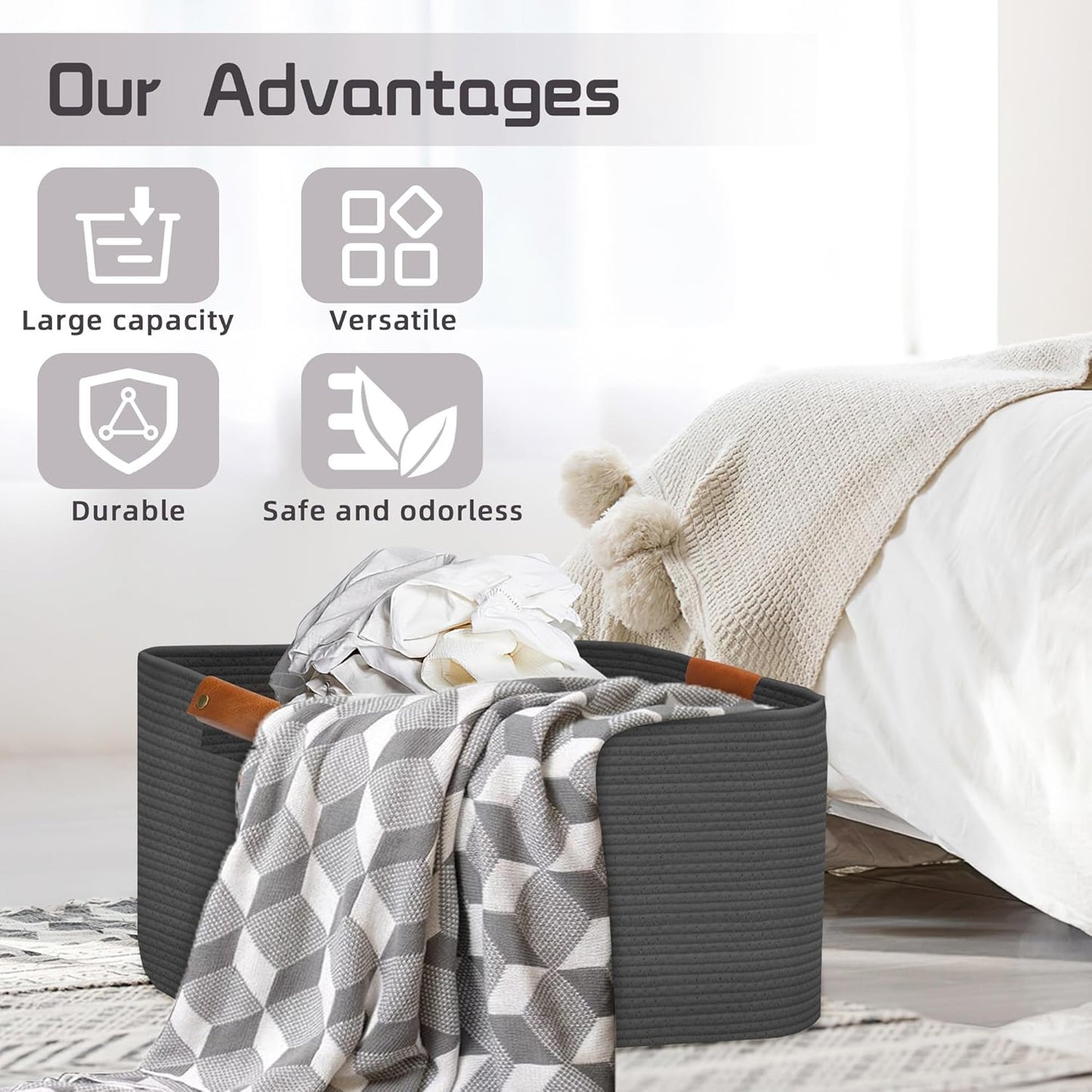 Large Collapsible Laundry Basket, Clothes Hamper for Blanket, Toy, Towels, Woven Baskets for Storage, Nursery Home Decor Living room 21.6" x 15" x 11.8",Grey