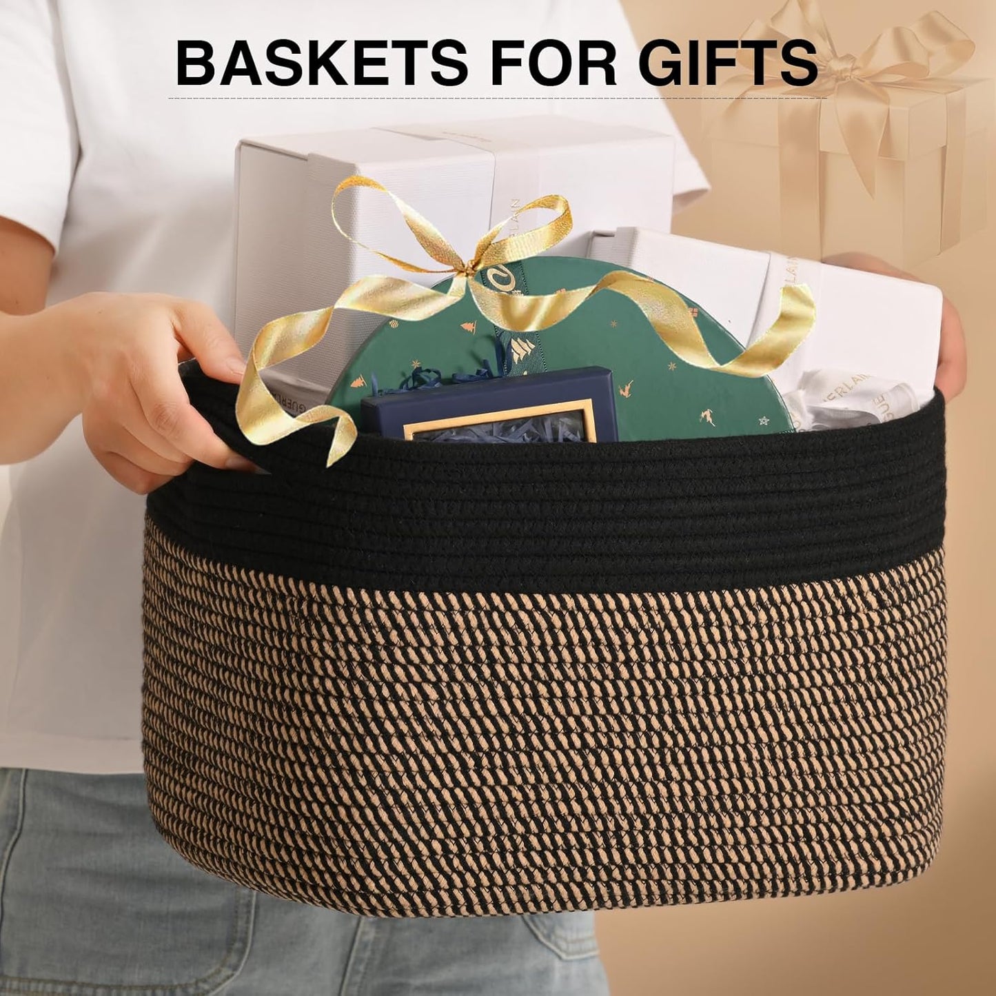 Woven Cotton Rope Storage Basket for Organizing, Cute Decorative Baskets for Gifts Empty, Organizer Bins for Dog Toy, Baby Laundry, 15“×11”×9.5“, Jute & Black