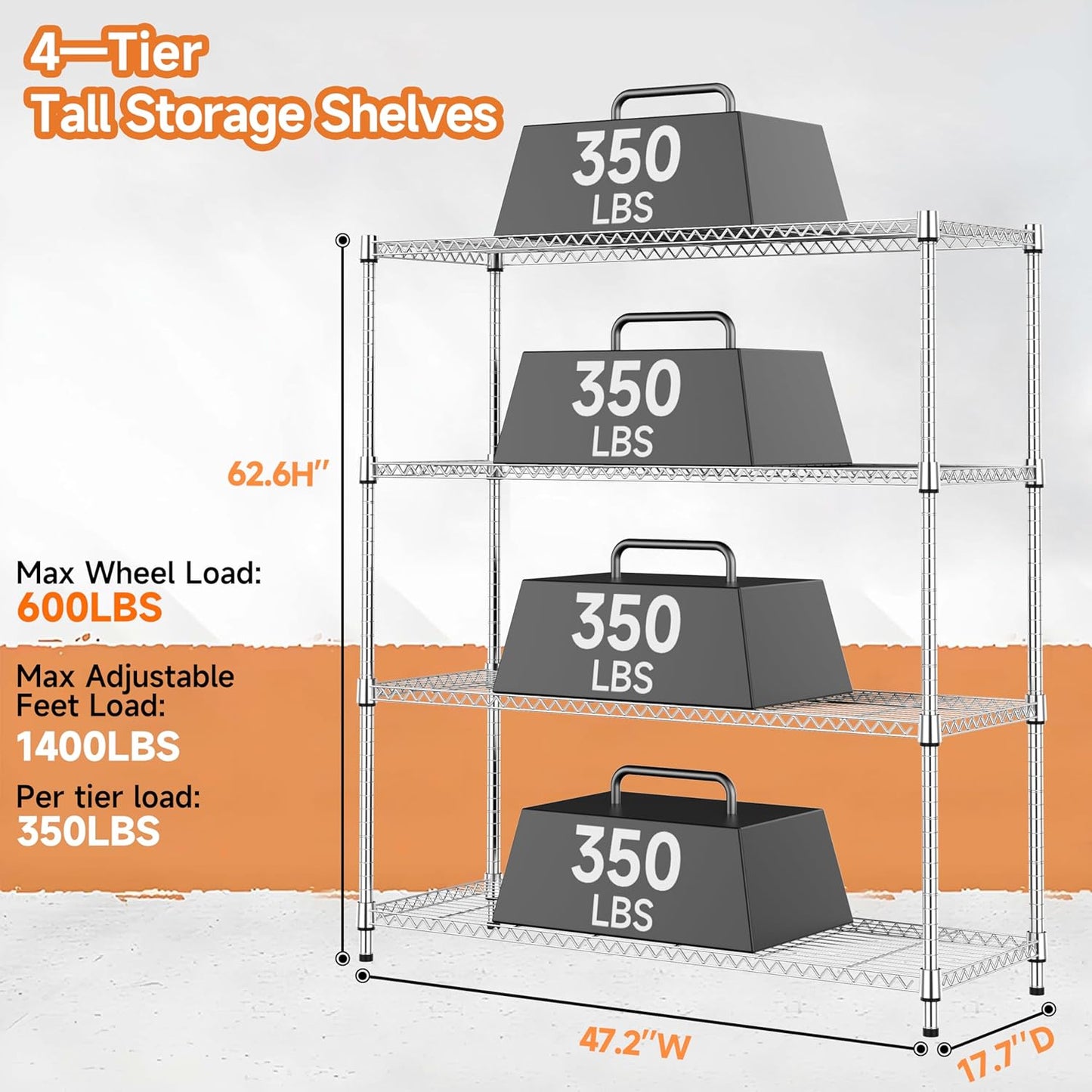 4 Tiers Storage Shelves Load 1400LBS, Metal Shelving Wire Metal Shelving Unit Shelves for Storage Adjustable Garage Shelving for Pantry Kitchen Garage Chrome 17.7" D x 47.3" W x 62.7" H