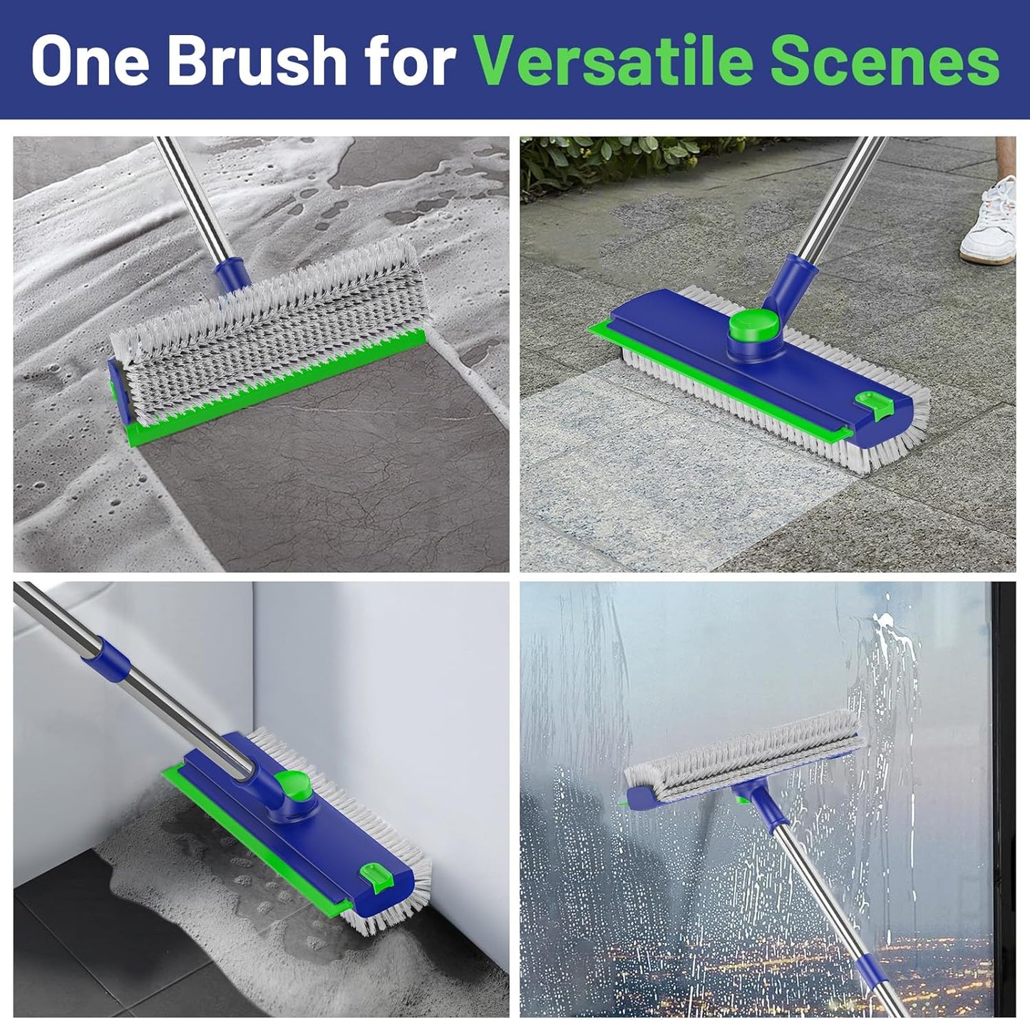 Floor Scrub Brush with Long Handle: 3 in 1 Heavy-Duty Floor Scrubber Brush with Squeegee for Cleaning Tile Bathroom Deck Kitchen Patio
