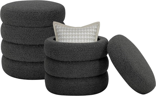 Round Ottoman with Storage Boucle Ottoman Stool with Storage Removable Lid for Living Room Modern Vanity Sorage Stool Foot Rest Bedroom Dorm Gifts Set of 2 (Black)