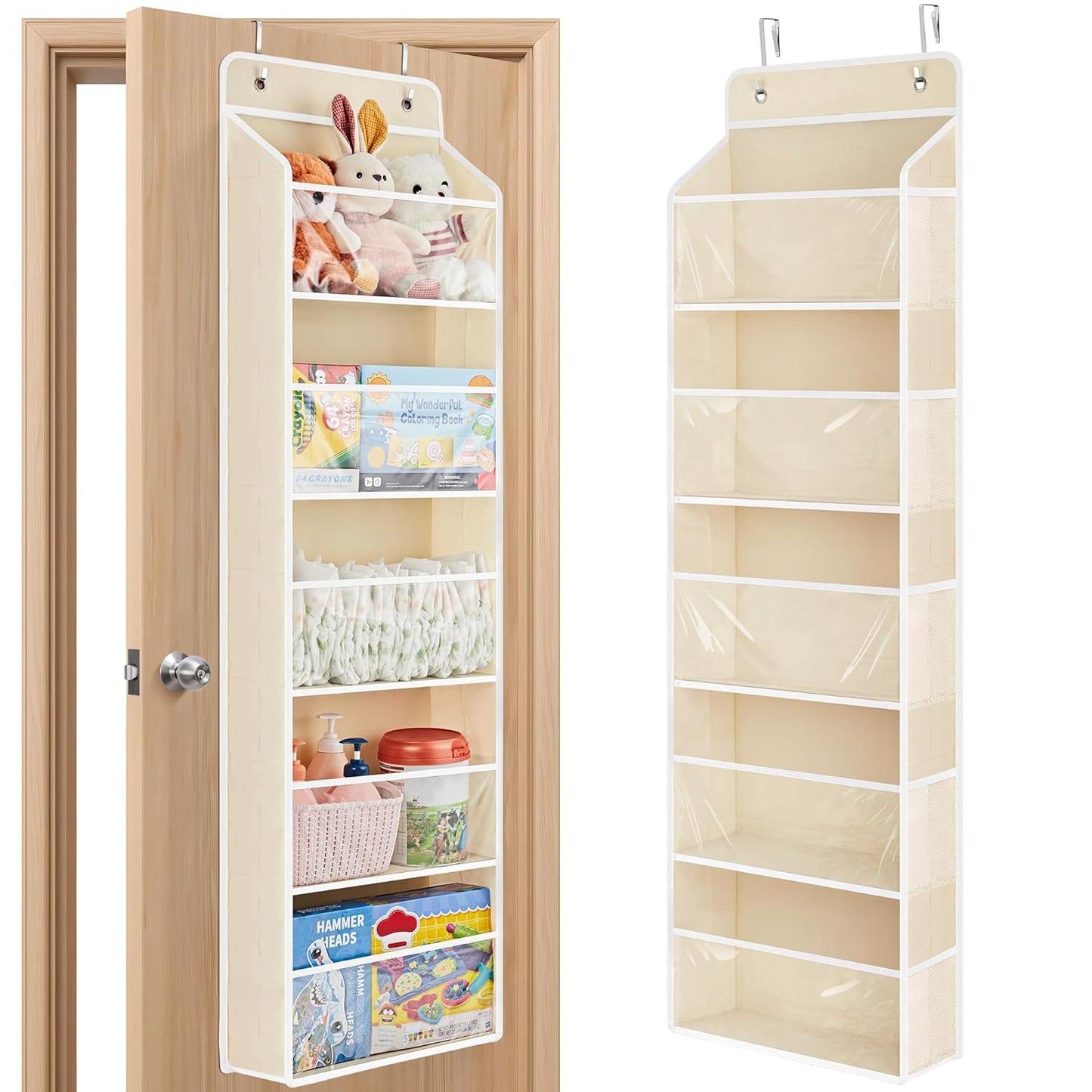 JARLINK Toy Stuffed Animal Storage, Over The Door Organizer W/Clear View Windows, 44lb Load, Baby Toy Storage Organizer for Nursery, Kid Bedroom, Newborn Baby Essentials (Beige)