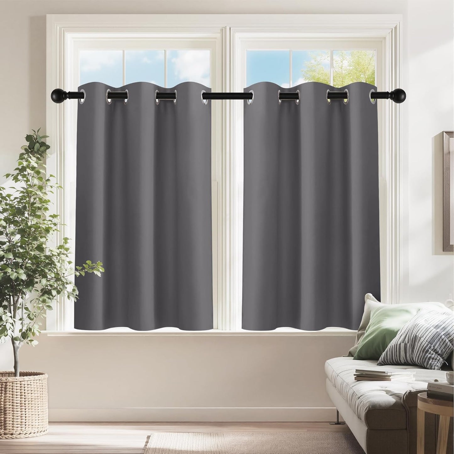 PONY DANCE Kitchen Curtains 24 inch Length - Blackout Camper Curtains for Travel Trailers, Set of 2 Panels Tiers, Short Small Window Drapes for Bathroom & Basement, Ideal for RV Camper, Grey