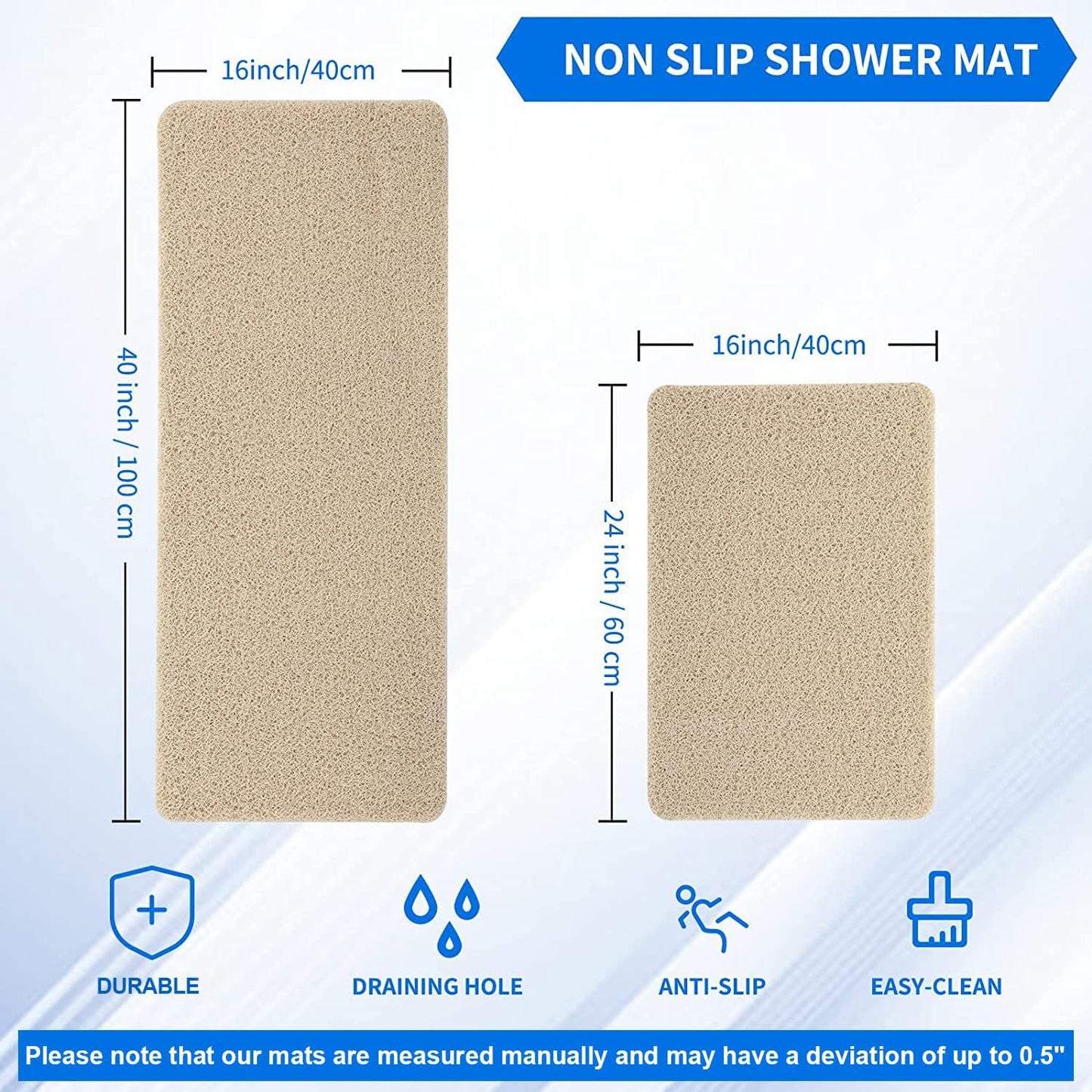 Non-Slip Shower Mat Bathtub Mat for Bath Tub,Anti Slip Bath Tub Mat,Floor Mat,Soft PVC Loofah Bathroom Mats,Foot Scrubber Mat,Quick Drying Easy Cleaning Mats for Wet Areas（40 * 16 Beige）