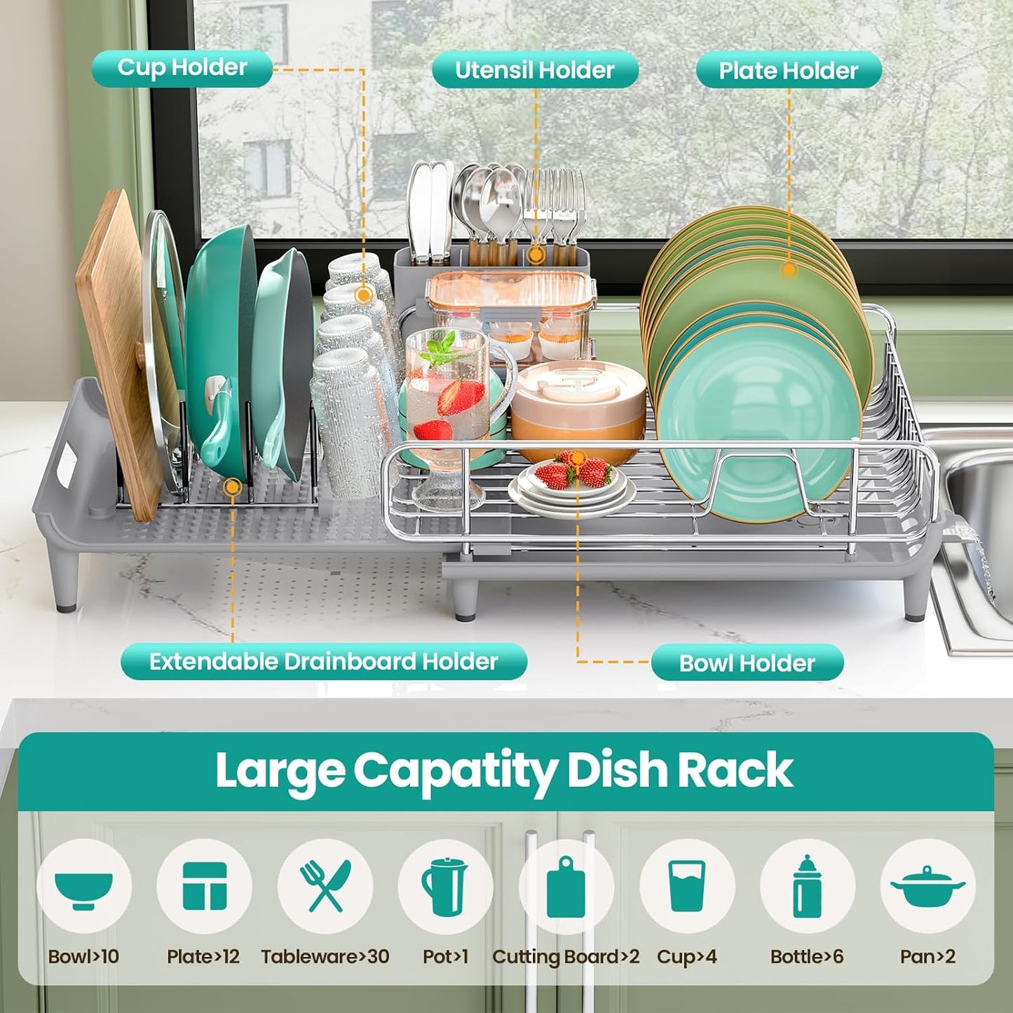 Expandable Dish Drying Rack, Foldable Dish Rack for Kitchen Counter, Stainless Steel Collapsible Dish Drainer Racks with Cutlery Holder, Gray