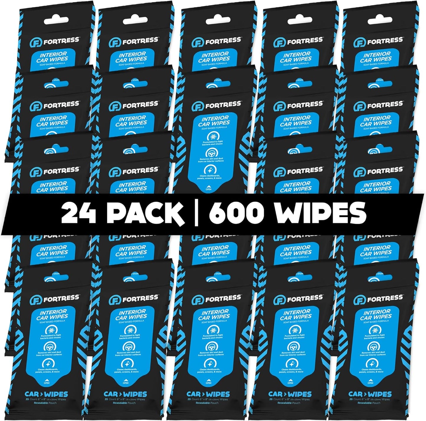 Fortress Car Interior Wipes (25 ct, Pack of 24) for Car Interior Cleaning, Dashboard, Seats, Detailing, and Steering Wheel [Travel Size] Skin-Safe Car Interior Cleaner Supplies