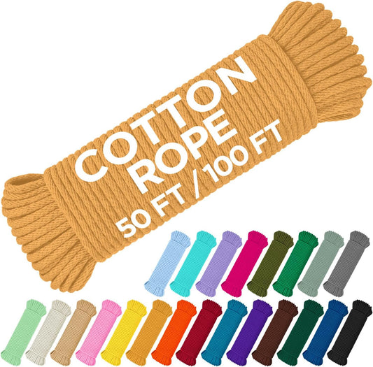 TECEUM Cotton Rope 3/16” (5 mm) – 100 FT – Strong All-Purpose Braided Rope – Natural Cotton – for Crafting, Сamping, Clothes Line, DIY, Indoor & Outdoor Use – Honey