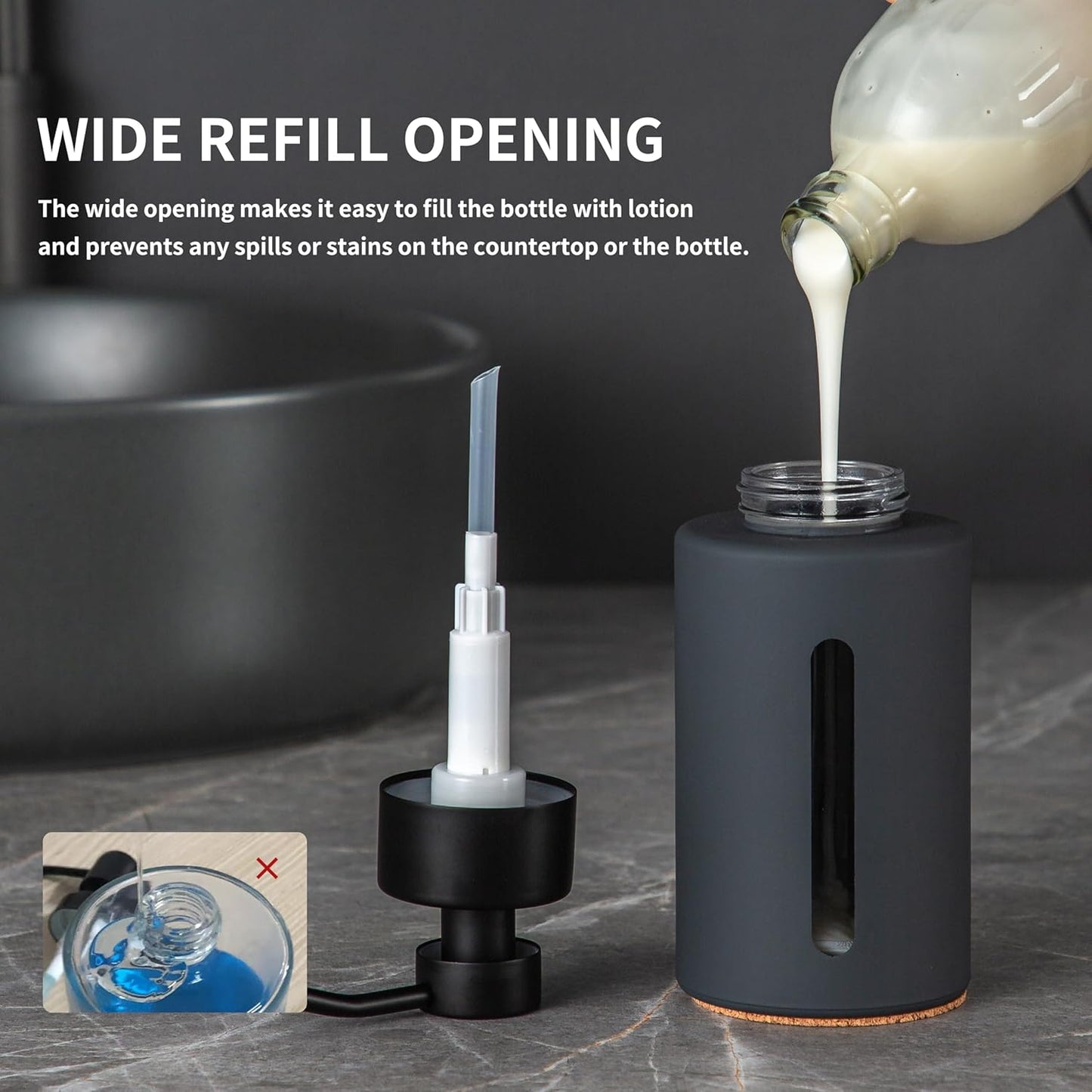 Enra Dish Soap Dispenser with Window,12oz Gary Kitchen Soap Dispenser with Stainless Steel Hand Pump,Glass Liquid Soap Dispenser Modern Lotion Bottle for Bathroom Kitchen(Dark Gray/Liquid Type)