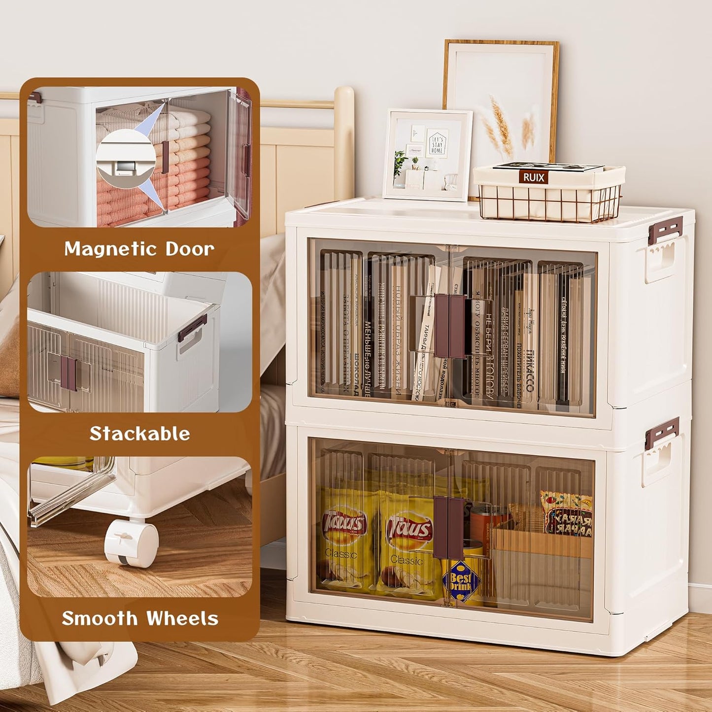 45GAL/180QT 3 Tier Large Stackable Storage Bins with Lids and Wheels, Collapsible Storage Bins Plastic with Doors, Suitable for Clothes, Closet, Home and Office