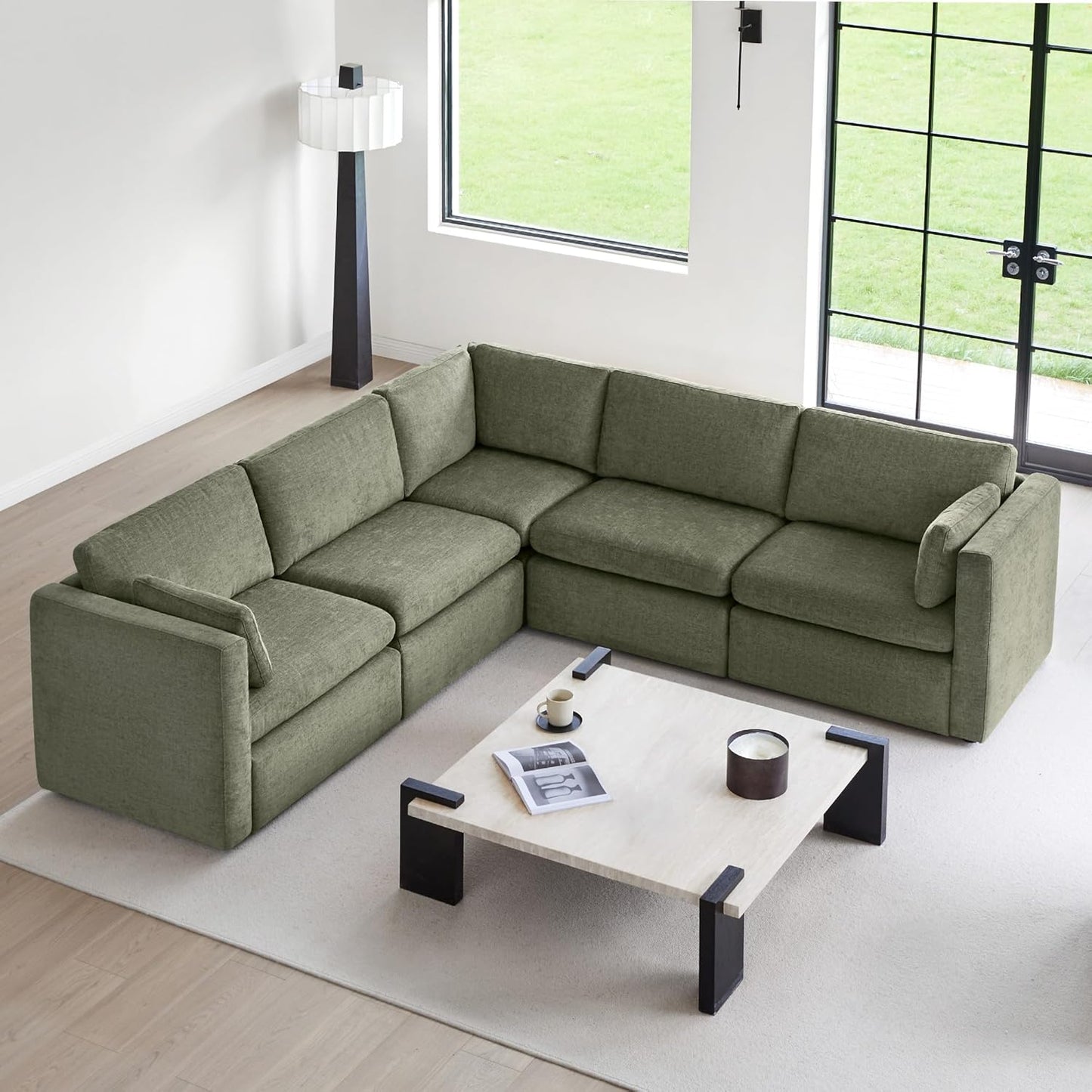 CHITA Oversized Modular Sectional Sofa Set, FSC Certified Extra Large 5 Seat V Shaped Cloud Couch for Living Room, 106 inch Width, 4 Seater and 1 Middle Corner, Moss Green