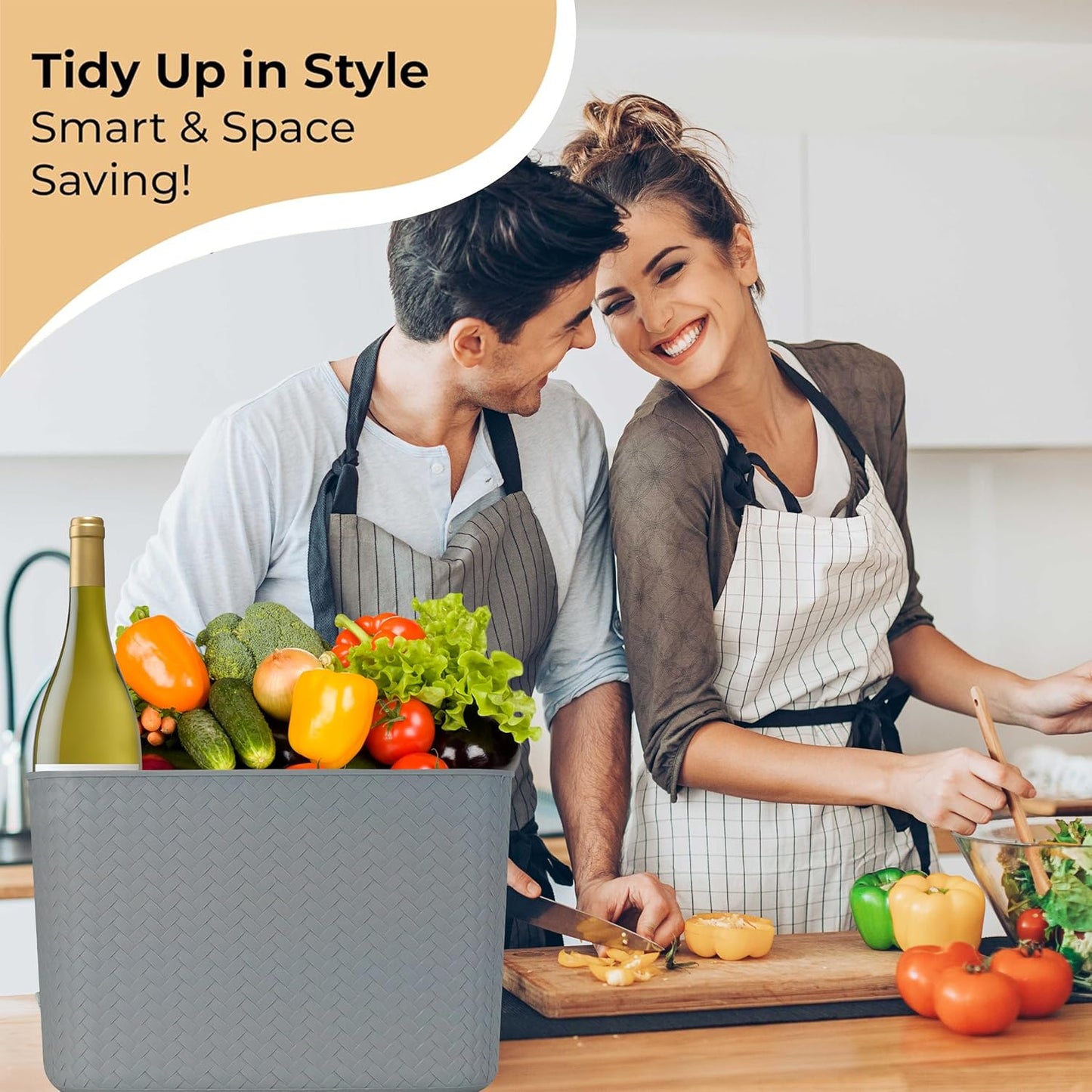 Storage Bins with Bamboo Lid – Stackable, Multi-Purpose Organizers for Pantry, Closet, Kitchen, and Home – Elegant Wicker-Style Design with Ergonomic Handles (Grey)